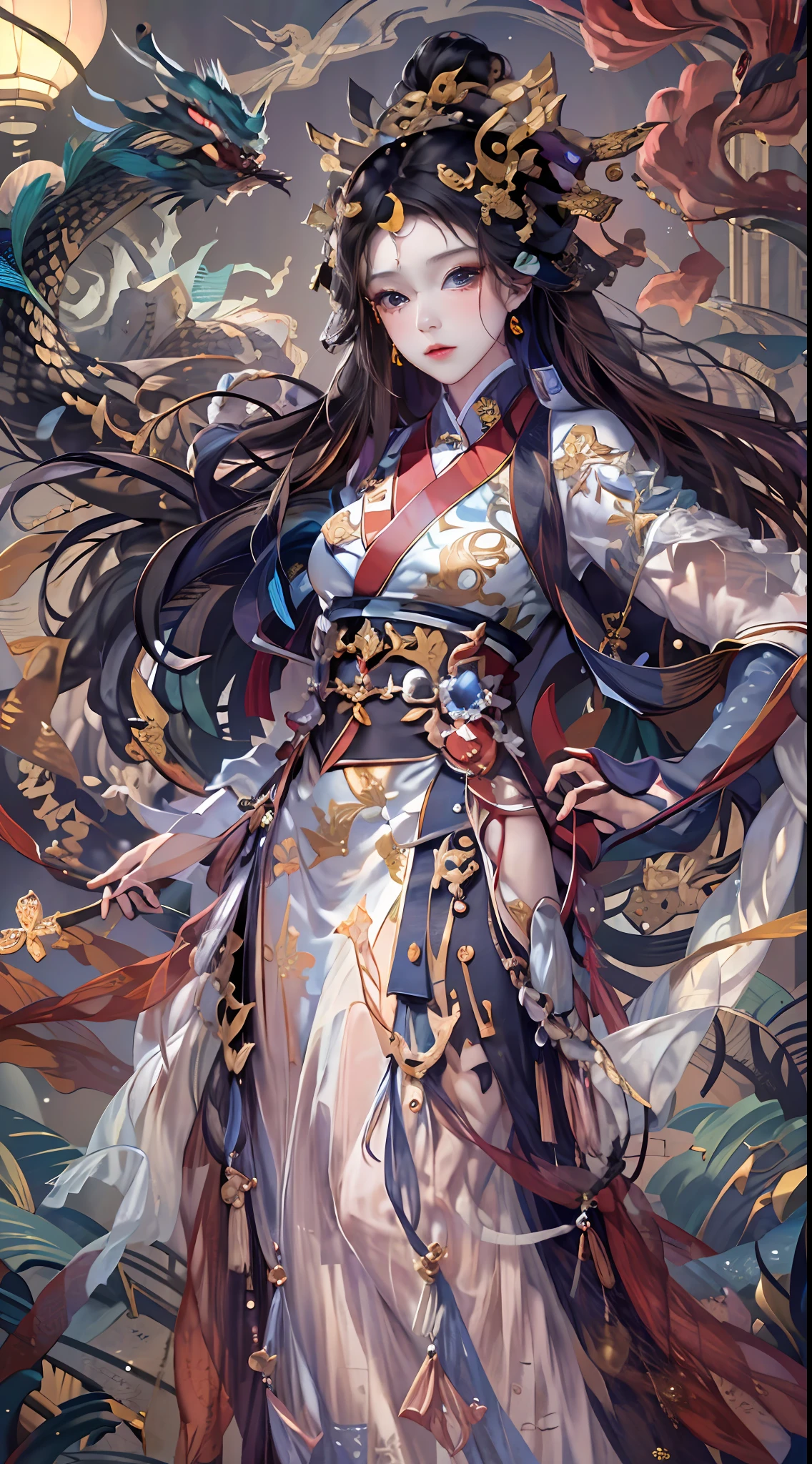 offcial art,统一 8k 壁纸,ultra - detailed,Beauty and aesthetics,tmasterpiece,best qualtiy,(zentangle,Tangled,entangle),(s fractal art:1.4),Black color hair,chineseidol,Chinese woman,The is very detailed,dynamic angle,casting spells,coloured with lots of colour,(Chaos in its most beautiful form),flowy,(vivd colour),overclocking,Chinese big breasts,(Ribbons:1.3),(dream magical:1.5),(Hanfu:1.5),chinesedragon,Chinese Phoenix,(ssmile:0.5 ),(chinese deity),Magical light and shadow,Perfect face,perfect hand