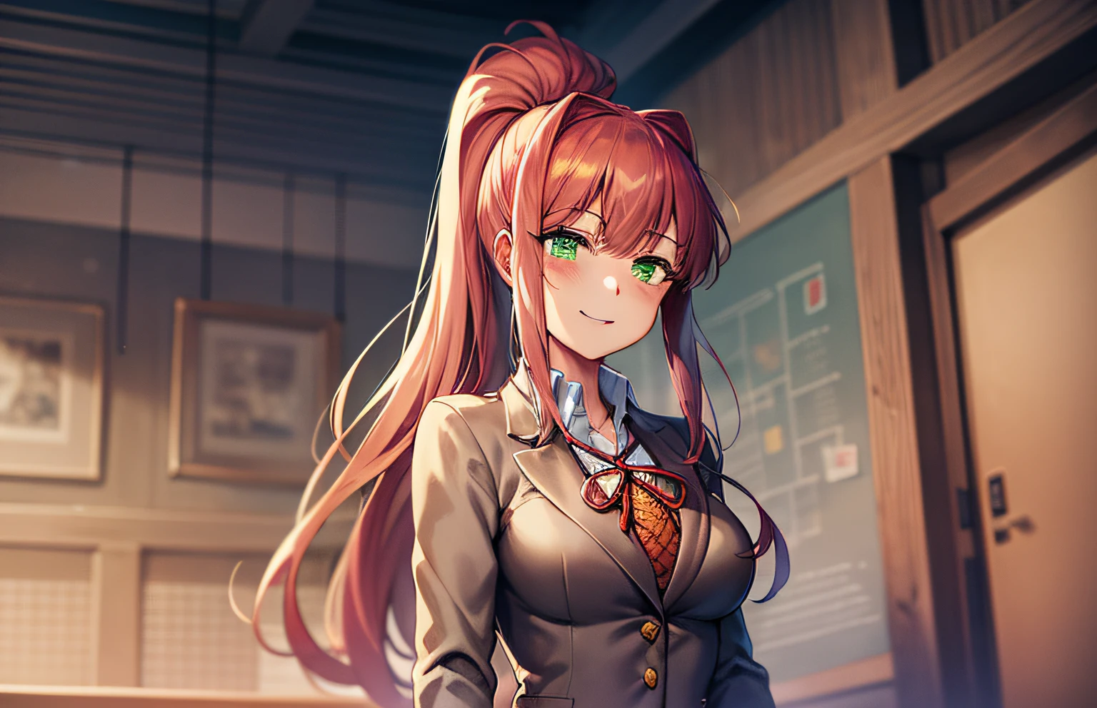 2d, masterpiece, best quality, anime, highly detailed, cowboy shot, 1girl, solo, monika, green eyes, very long hair, ponytail, school uniform, standing, straight-on, smile, white background, simple background