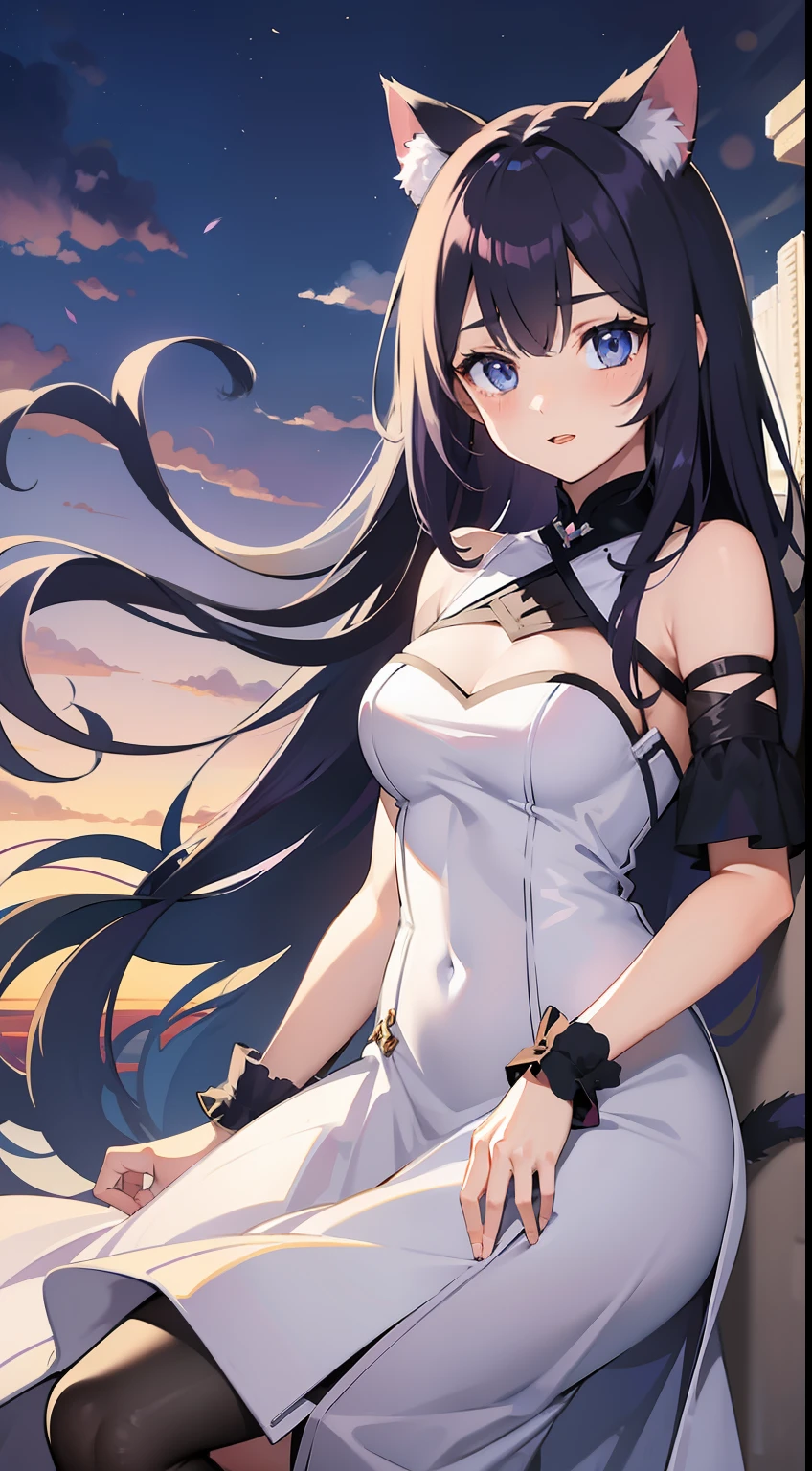 young girl, long purple hair, cat ears, cat tail, blue eyes, white luxury dress, Masterpiece, hiquality