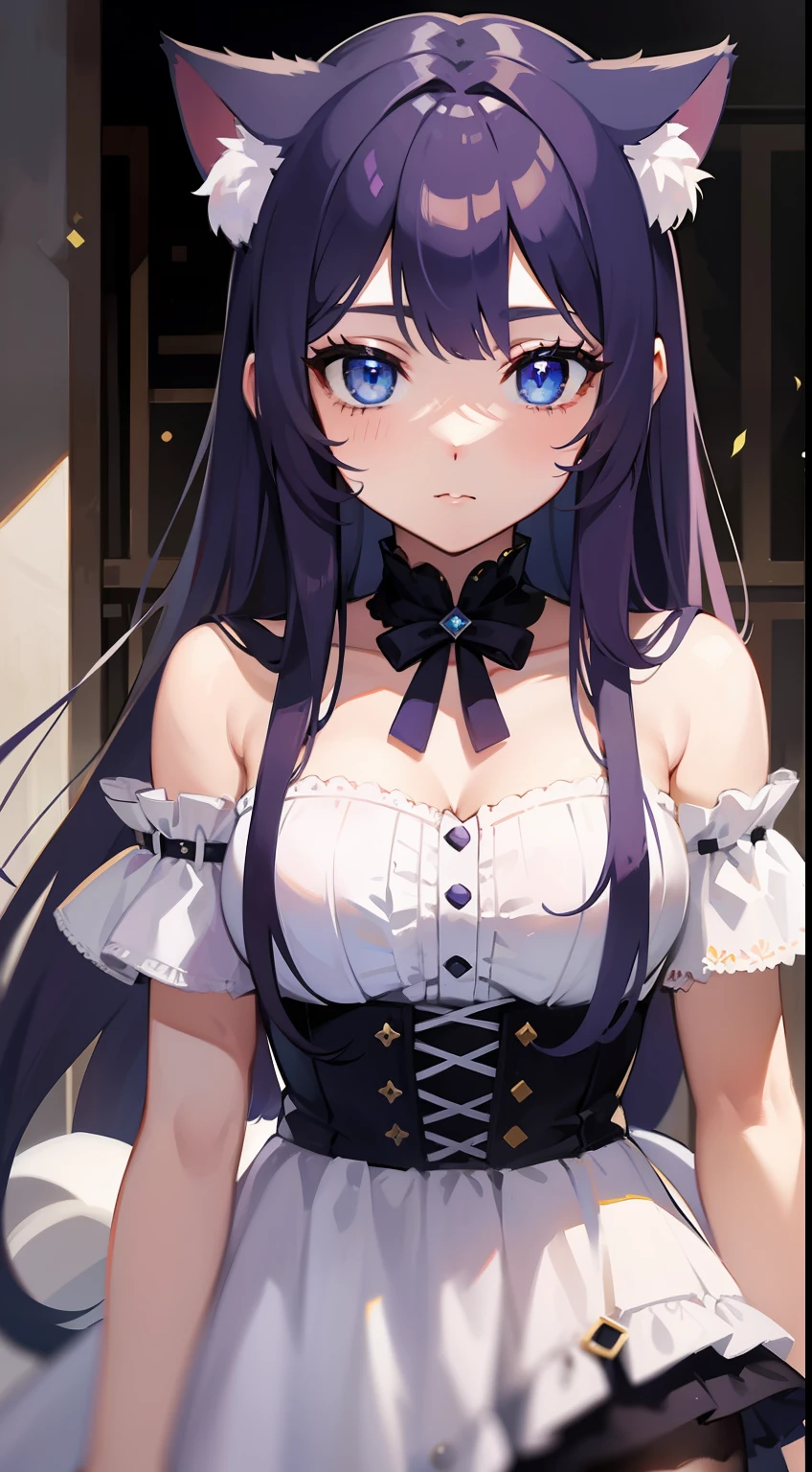 young girl, long purple hair, cat ears, cat tail, blue eyes, white luxury dress, Masterpiece, hiquality