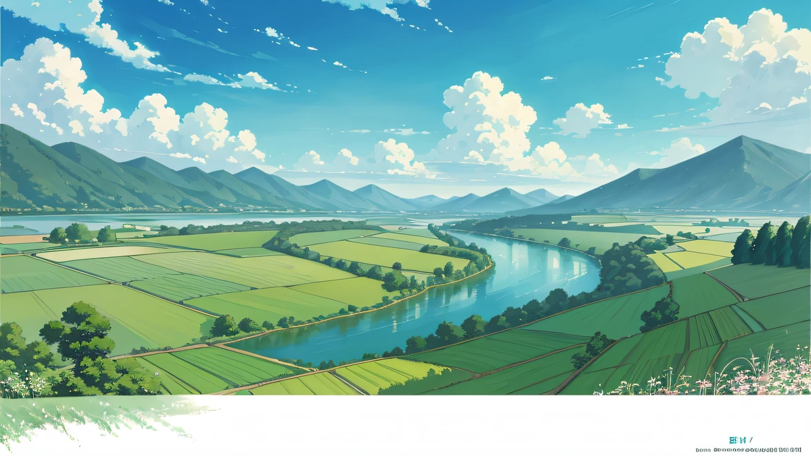 There is a painting，A river runs through a green field, anime countryside landscape, Anime landscape, Detailed scenery —width 672, Anime landscapes, drawn in anime painter studio, painted landscape, Landscape illustration, landscape artwork, Anime background art, distant village background, made with anime painter studio, Landscape background, speedpaint, Anime landscape concept art, scenic landscape