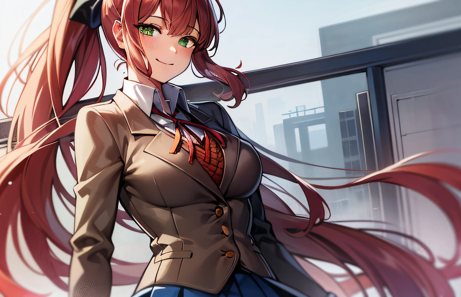 2d, masterpiece, best quality, anime, highly detailed, cowboy shot, 1girl, solo, monika, green eyes, very long hair, ponytail, school uniform, standing, straight-on, smile, white background, simple background