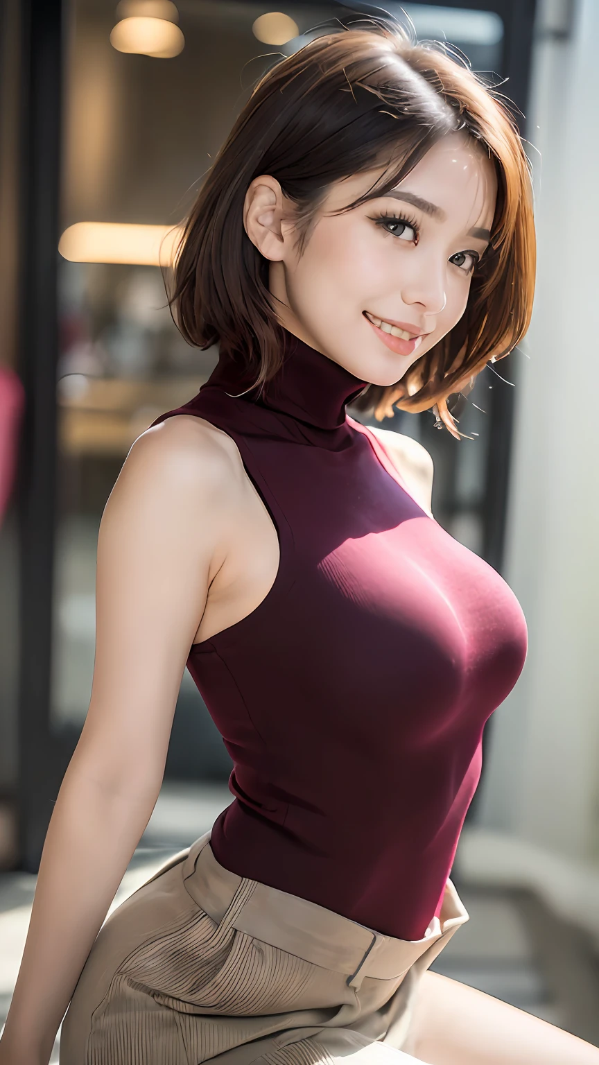 (8K, 超A high resolution,The ultra -The high-definition、Raw photo、 Best Quality, masutepiece:1.5)、RAW portrait of japanese girl、超A high resolution、top-quality、 (huge-breasted、stick out chest:1.3)、{Hide all breasts}{Pleated skirt in off-white:1.6}、(Wearing a red sleeveless turtleneck:1.6))、((Open the inseam:1.7)、(fitting room:1.2) BREAK (Natural Skin Texture、Detailed skin、Hyper-Realism、ultra sharpness)、intricate detailes、depth of fields、Sexy adult woman、Black hair shortcuts、Toned buttocks、((masterpiece、top-quality、high-detail))、(Photorealsitic:1.4)、独奏、closes mouth、Smile happily、big eye、Distinct double eyelids、Lashes、long neck、Absolute area、Clean collarbone、face perfect、thin lips、a small face、(gazing at viewer、Highlights in the eyes、Light brown eyes、lipgloss)、(From the side:1.2)Sexy Japan woman