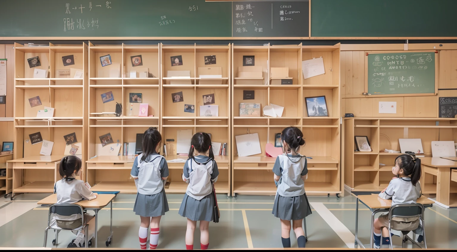 Masterpiece, Best quality, High quality,Extremely detailed Cg Unity 8K wallpaper, Best quality, Ultra-detailed, high resolution,inside in room,In the classroom,blackboards,janelas,Students line up,校服,
