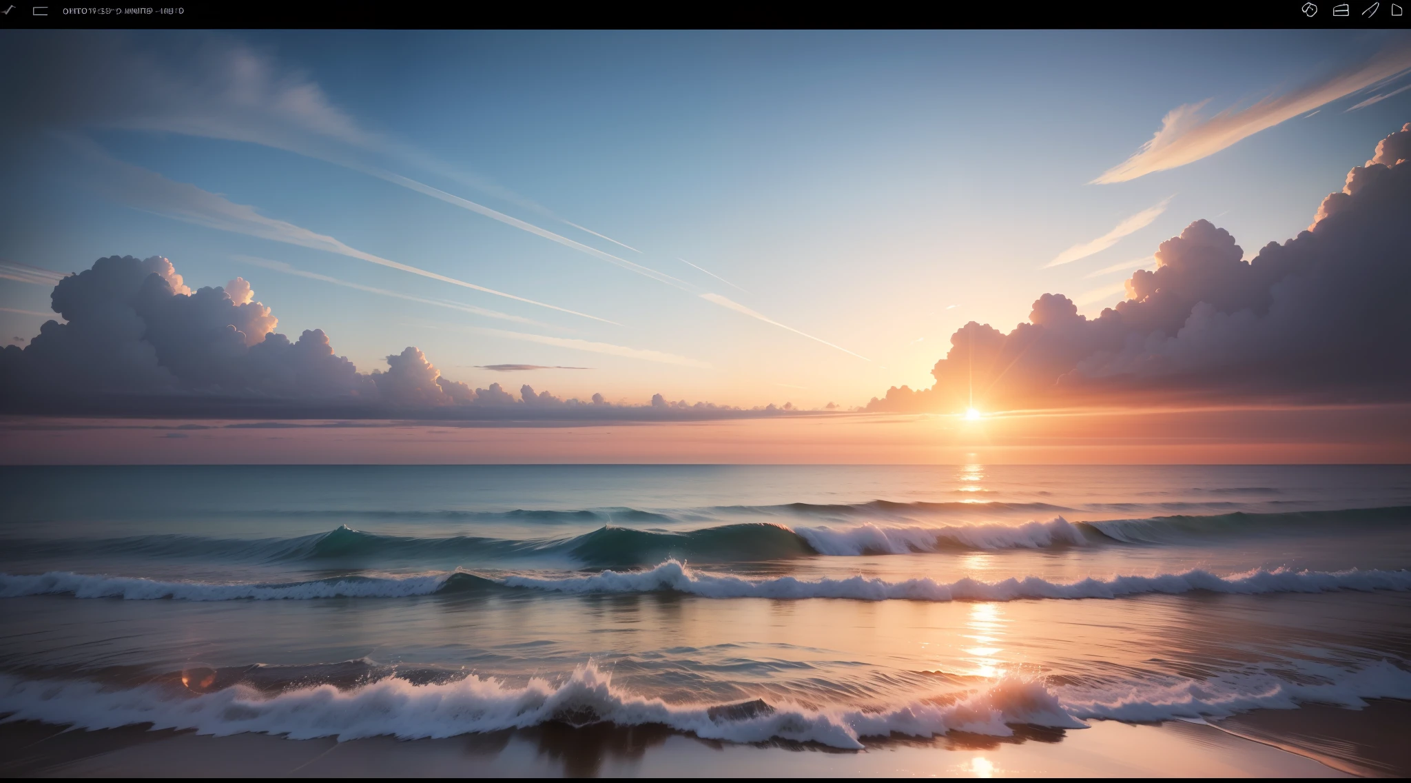 Dawn in the azure sky、Fantastic and、Ethereal、Floating on the horizon、Fantastic、Ethereal、Morning sun on the horizon、Photorealism Based Details Widget 1.3, Ultra-detailed depiction、Cinematic shots with HDR effect、Vignette and center screen、Generate in automatic mode