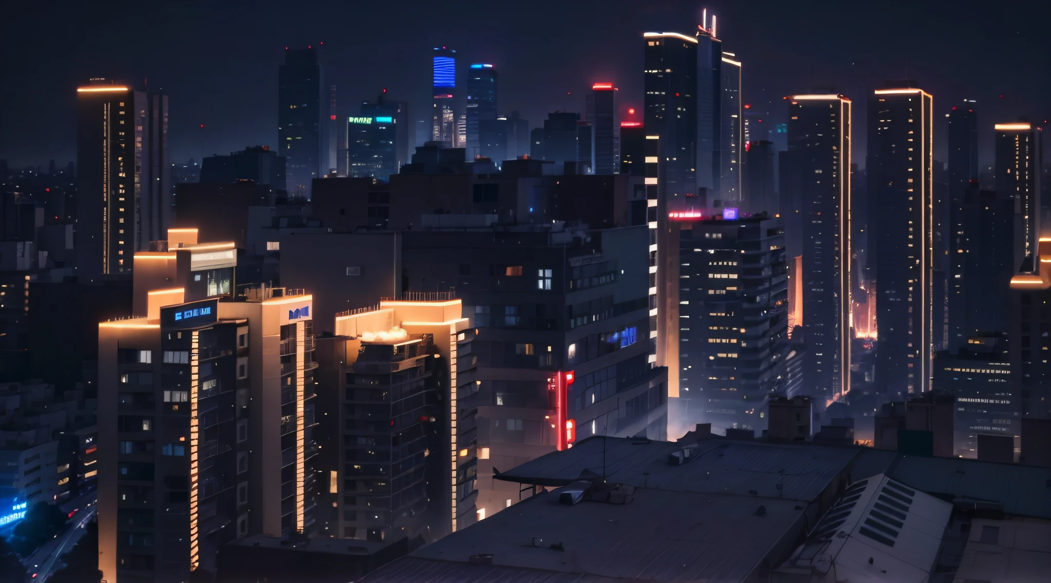 Night view from the rooftop，The city seen from afar，lit city，The building is all lit，The lights are bright，The building is far away，group of buildings，perspective shot，large scene，starrysky，Night in Tokyo，luxury and dissipation，city night scene，Neon flashing，Exquisite，Movie lighting