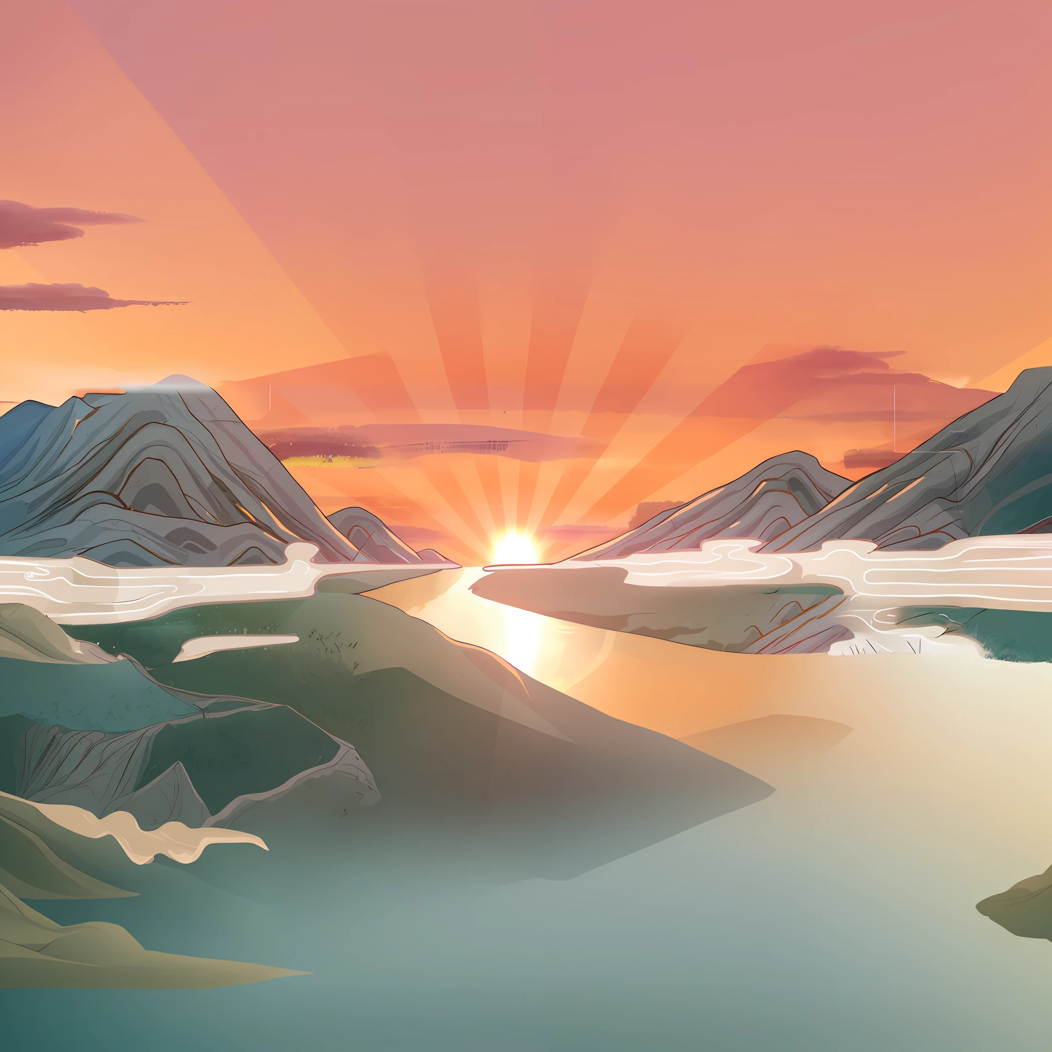 Painted sunset over mountains and rivers, sunrise background, Dawn background, arte de fundo, Anime landscape, Anime background art, Ancient Chinese painting style，Moire，Landscape map