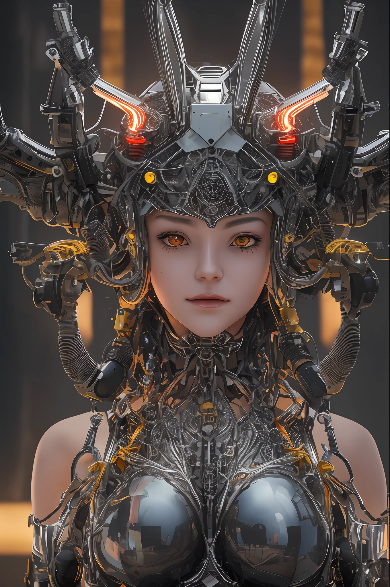 top-quality、​masterpiece、超A high resolution、(Photorealsitic:1.4)、Raw photo、***1人、Black hair、glowy skin、1 Machine Devil、large metal wings、Metal horn、((super realistic details))、portlate、globalillumination、Shadow、octan render、8K、ultrasharp、Colossal tits、Raw skin is exposed in cleavage、Black fiberglass body、Details of intricate gilded ornaments、Sumerian details、About Cyberpunk、Glowing LEDs、IC chips、Data Links、Hydraulic cylinder、highly intricate detail、Realistic light、Red Eyes、radiant eyes、Facing the camera、neon details、Mechanical limbs、blood vessels connected to tubes、Mechanical vertebrae attached to the back、mechanical cervical attaching to neck、cowboy  shot、Wires and cables connecting to the head、Luminous tube、Small LED lamp、