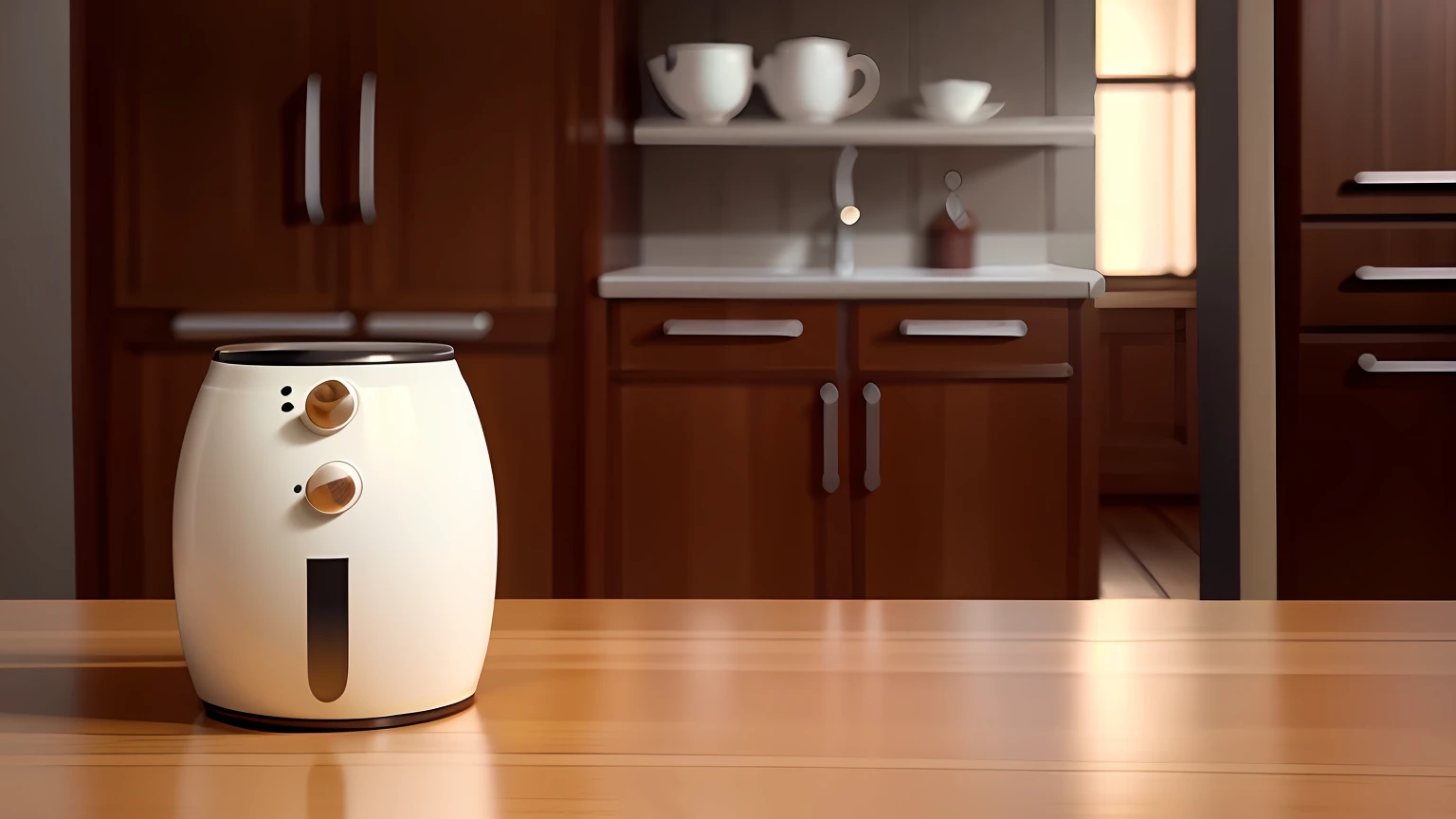 Products placed on the table，Warm style kitchen，（kitchens：1.5），Wooden cabinets , Marble tabletop，Chiaroscuro, hyper HD, 8K, Best picture quality  ,realisticlying，Foto realism，cupboard，Lens perspective blur，Bright lights，Realistic lighting