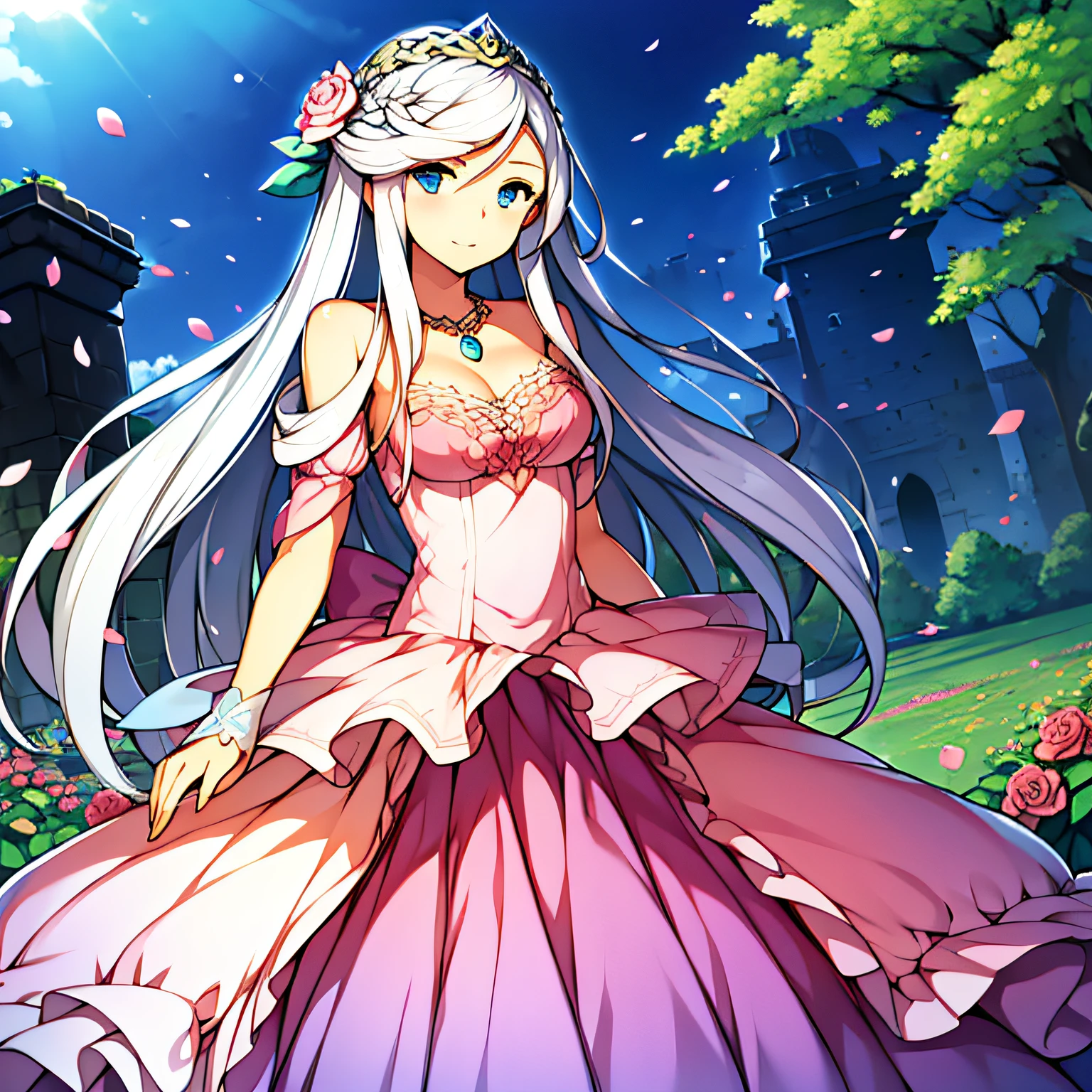 ((Masterpiece)), (((Best quality))), ((Ultra-detailed)), ((illustration)), ((Disheveled hair)), ((frilld)), (1 girl), (Solo), Bare shoulders, Blue eyes, bushes, Castle, Clothing, Cloud, Cloudy sky, crown, day, dress, Female, flower, Hand on chest, hand on her own chest, Headwear, jewelry, Long hair, view the viewer, necklace, Outdoors, petals, Pink dress, Rose, Silver hair, sky, No shoulder strap, Strapless dress, head gear, two sides up, Very long hair, White hair, Wind,ssmile,