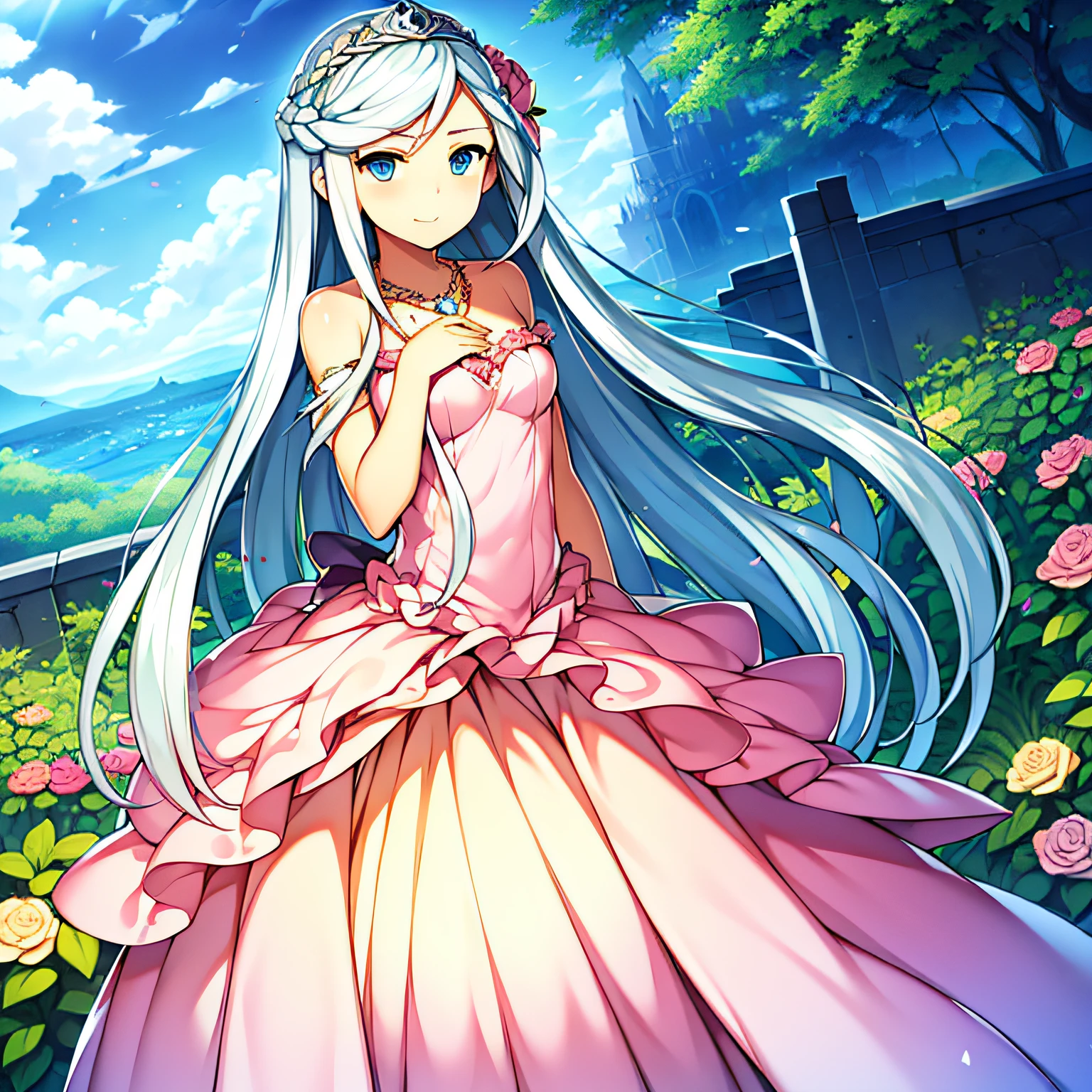 ((Masterpiece)), (((Best quality))), ((Ultra-detailed)), ((illustration)), ((Disheveled hair)), ((frilld)), (1 girl), (Solo),  Bare shoulders，  Blue eyes，  bushes，  Castle， Clothing， Cloud，  Cloudy sky， crown， day， dress，  Female， flower，  Hand on chest， hand on her own chest， Headwear， jewelry， Long hair， view the viewer， necklace， Outdoors， petals， Pink dress，  Rose，  Silver hair，  sky，  No shoulder strap， Strapless dress，  head gear， two sides up，   Very long hair，  White hair， Wind，ssmile,