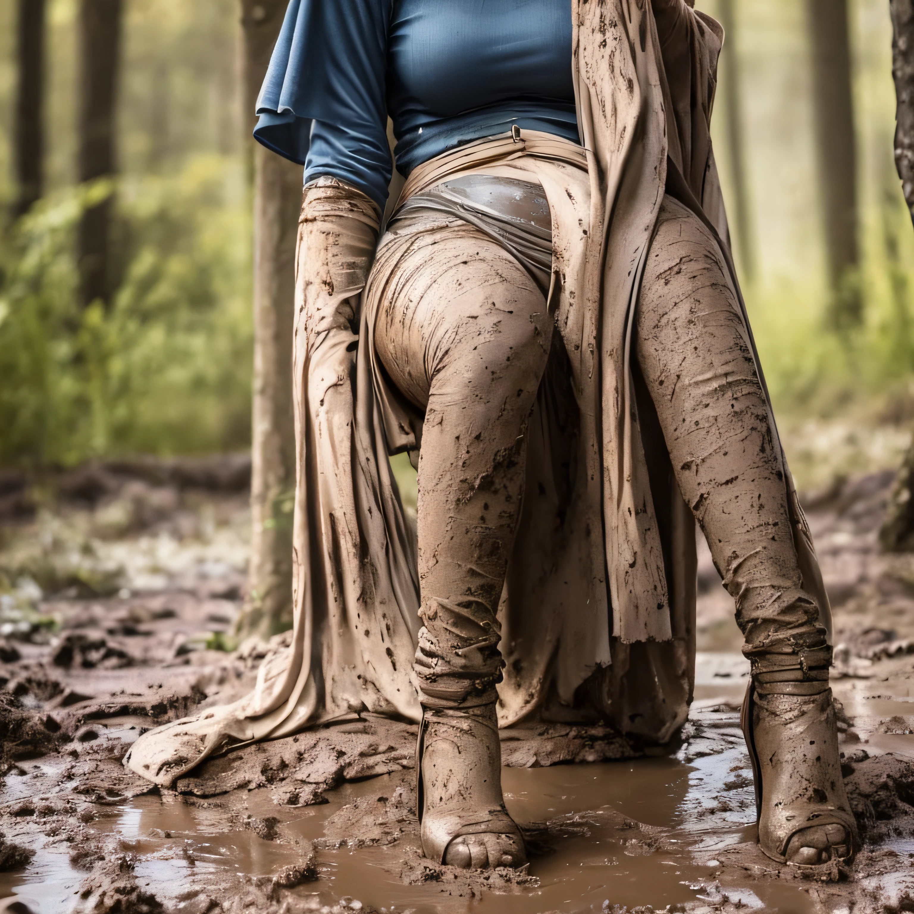 Hyperrealistische Fotografie einer Frau hockend auf dem Boden, Ansicht von hinten, Slip mit String, high heels mit Schlamm verschmutzt, Schlammspritzer im Gesicht, die Gesichter sind mit Schlamm verschmiert, Slip mit String, Frau hockt Ansicht von hinten, 30-year-old women smeared with mud, Lena meyer Landrut, unterbrust corset weiß smeared with mud, riemchensandalette white high heels smeared with mud, Fishnet tights white smeared with mud, the entire body, schwarze lockige Haare mit Schlamm verschmiert, die Kleidung ist mit Schlamm verschmiert, High quality, realistische Beleuchtung, Bildmitte, 8K, HDR, BDSM, medium breast size, lange Beine, professionelle Fotografie einer Frau, natural skin texture smeared with a lot of mud, 4K-Texturen, Adobe Lightroom, Fotolabor, HDR, kompliziert, elegant, sehr detailliert, scharfer Fokus, wahnsinnige Details, komplizierte Details, hyperdetailliert, Helles Kinolicht, Außenatmosphäre, Kinn hochgezogen, (exponierter Bauch: 1,8 ), (Ansicht von unten), dominanter Gesichtsausdruck