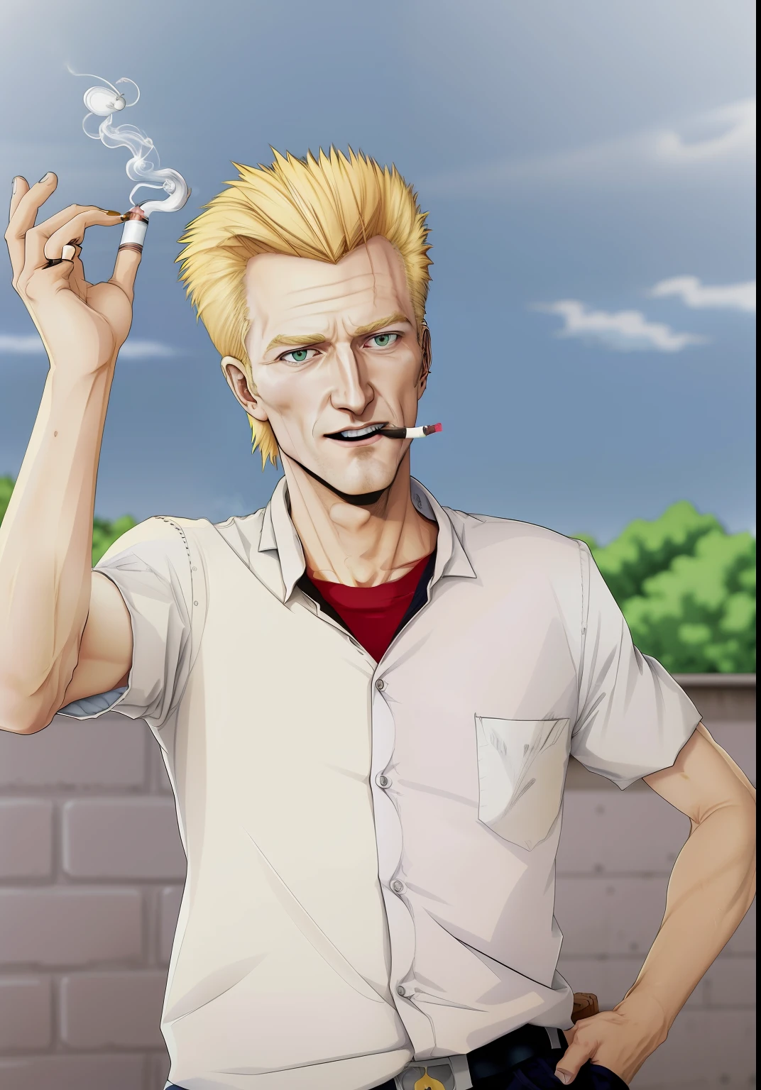 cartoon of a man holding a cigarette in his hand, boomhauer, drawn with photoshop, johan liebert mixed with dante, drawn in the style of mark arian, Blonde Man, an anime portrait of david bowie, gta vice city style art, blonde guy, wikihow illustration, he is smoking a cigarette, inspired by David Begbie, kentaro miura art style