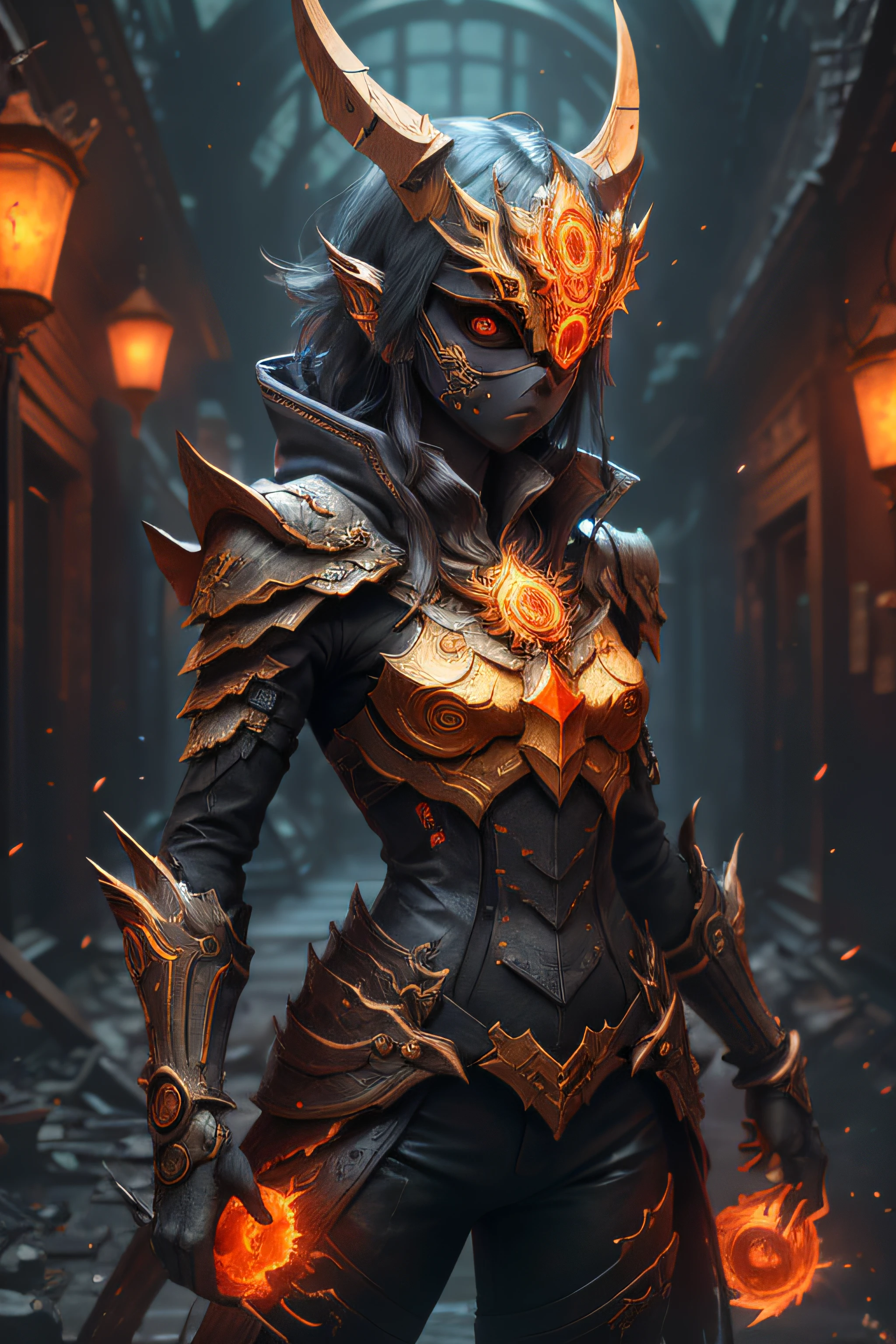 SH4g0d,
Girl Mage,Wearing a mask made of wood,sportrait,Stand in an S-shape,Small orange ring,