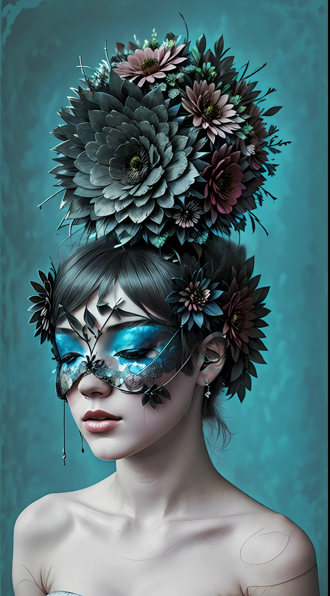A woman has flowers on her head,Hands caressing your neck,flowers covering eyes, flowers growing out of its head, a contemporary artistic collage, surreal collage, Collage art, Collage artwork, Contemporary collage,commerciaphotography,super detailing,blue backdrop