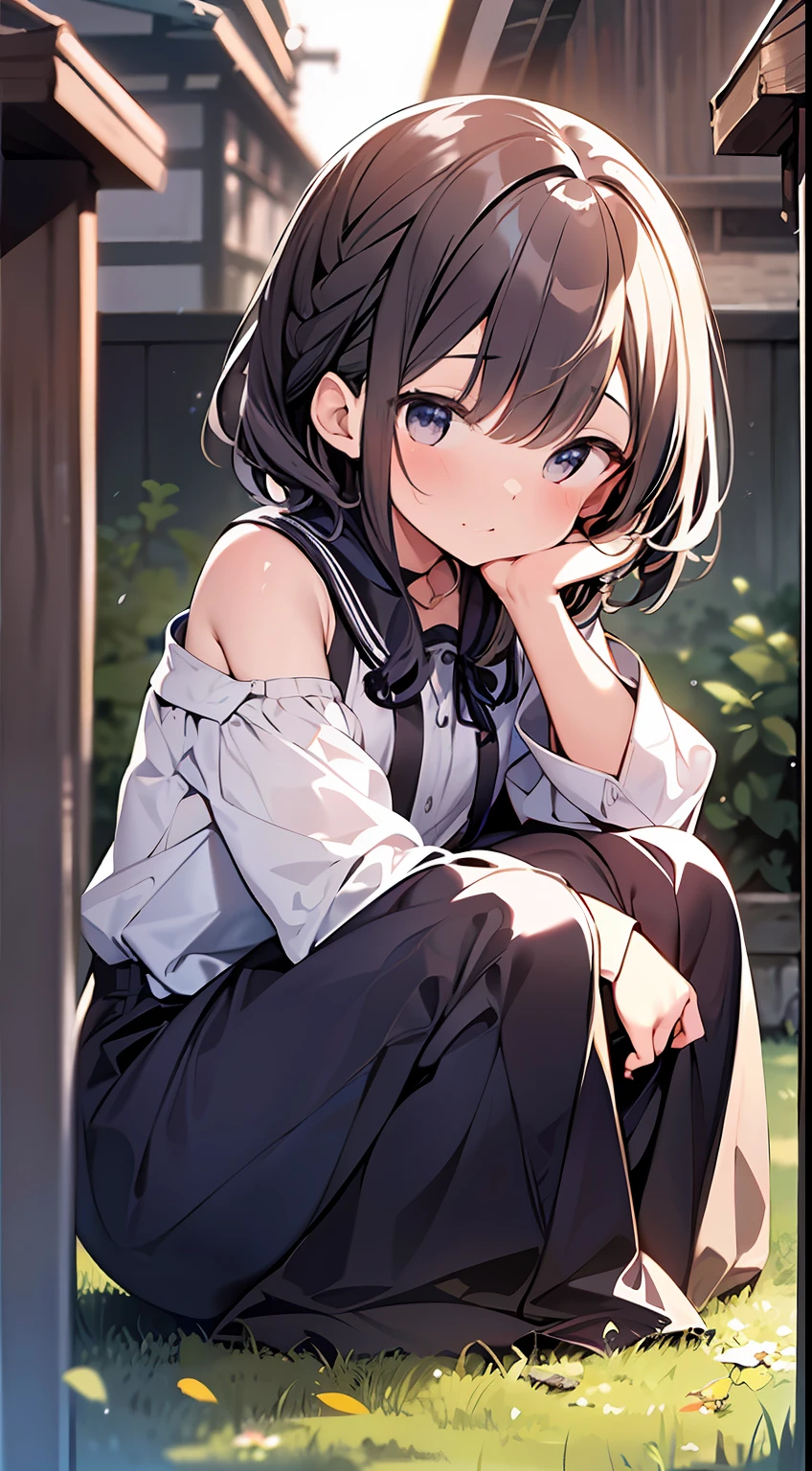 (top-quality、32K image quality、​masterpiece、nffsw:1.2)、a cute loli、Medium short hair、short braiding、beauitful face、(Slouched:1.3)、at the sunset、crouching down、(From  above:1.3)、(a closeup:1.4)、small curvy loli、((You can see the chest))、Bust Up Perspective、Loose baggy big shirt、(beautiful nipple slips:0.9)、outside of house、the wind、shinny skin、blurry backround