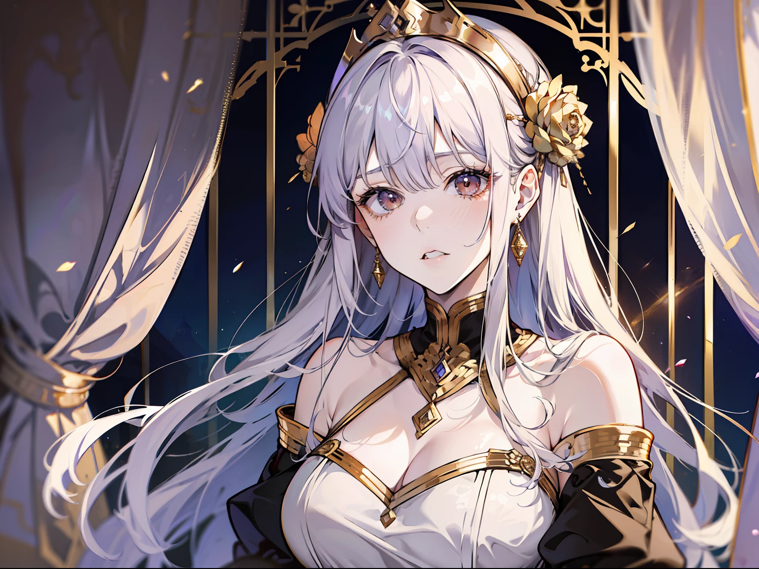 (absurd, high resolution), (panorama), a woman, mature, beautiful, tall, queen's dress, lilac complex dressed, exquisite, brown eyes, pale blonde hair, silver crown on his head, expression painful, panicked, in the palace, brilliant, magical, holding a long golden delicate wand,