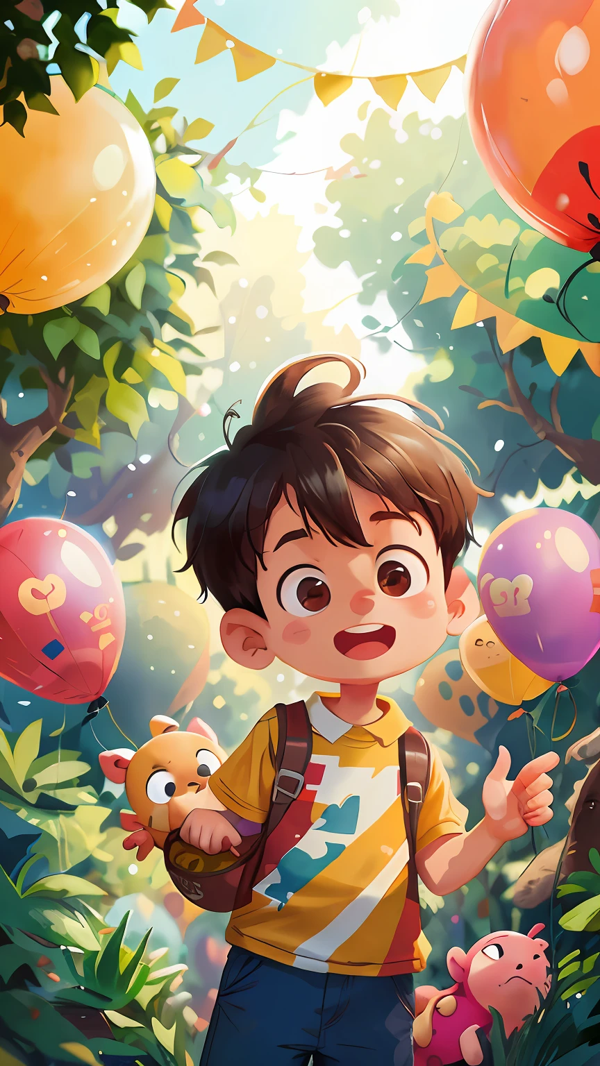 A boy, zoo, many balloons, happy, happy, perfect quality, clear focus (clutter - home: 0.8), (masterpiece: 1.2) (realistic: 1.2) (bokeh) (best quality) (detailed skin: 1.3) (intricate details) (8K) (detail eyes) (sharp focus), (happy)