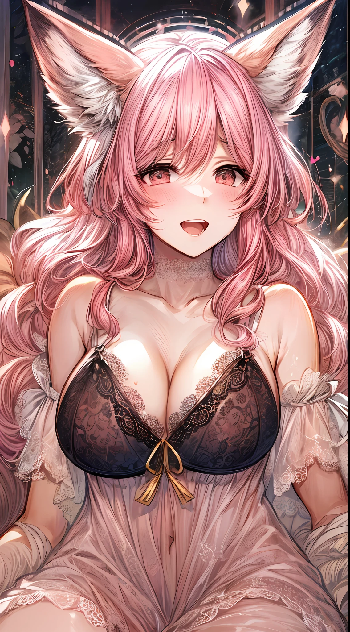 anime (🦊 fox ears, enchanting pink hair, lace nightgown, focused on ample bosom, ample bosom,