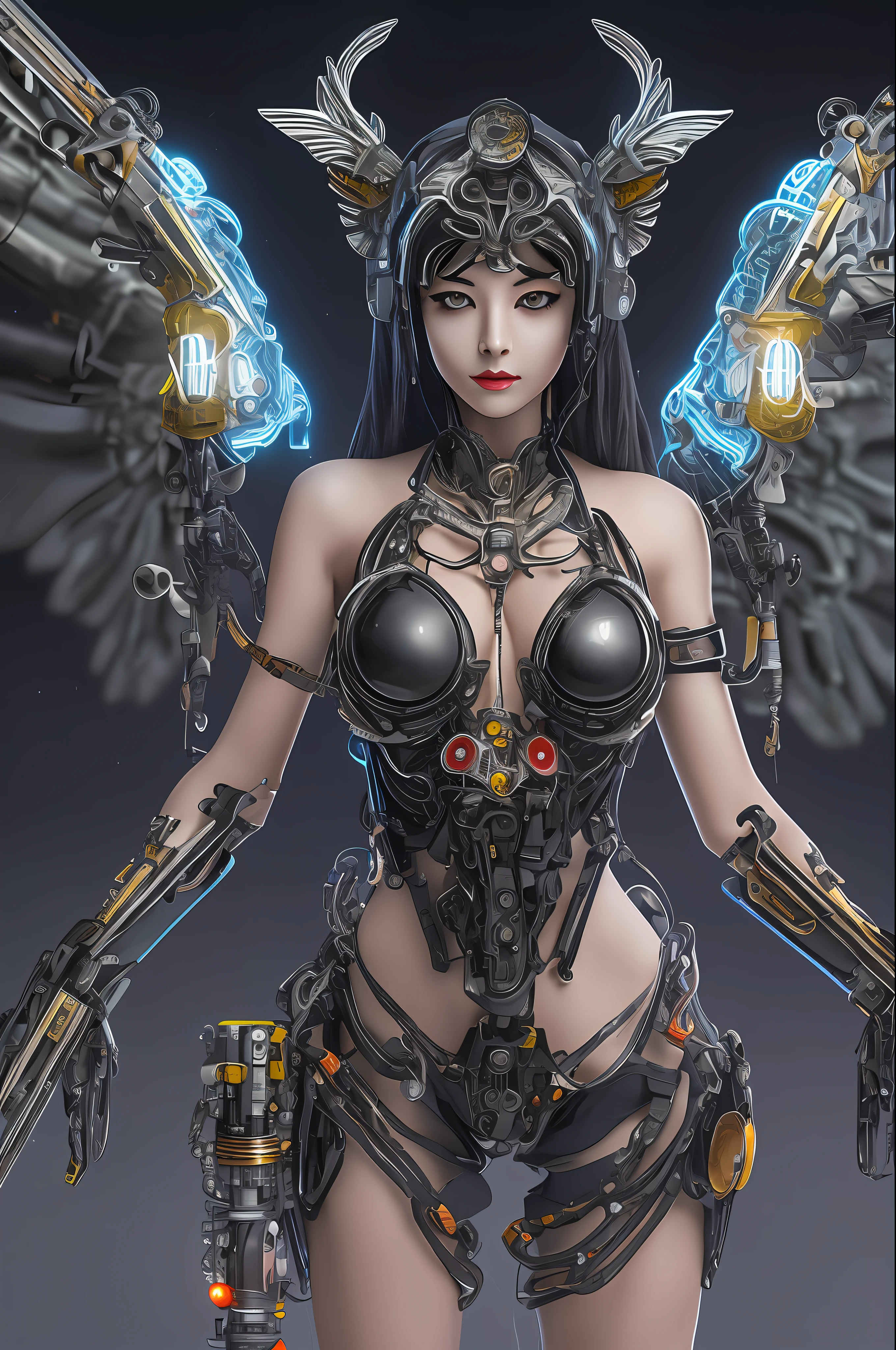 top-quality、masterpiece、超A high resolution、(Photorealsitic:1.4)、Raw photo、女の子1人、Black hair、glowy skin、1 Machine Devil、large metal wings、Metal horn、((super realistic details))、portlate、globalillumination、Shadow、octan render、8K、ultrasharp、Colossal tits、Raw skin is exposed in cleavage、Black fiberglass body、Details of intricate gilded ornaments、Sumerian details、About Cyberpunk、Glowing LEDs、IC chips、Data Links、Hydraulic cylinder、highly intricate detail、Realistic light、Red Eyes、radiant eyes、Facing the camera、neon details、Mechanical limbs、blood vessels connected to tubes、Mechanical vertebrae attached to the back、mechanical cervical attaching to neck、cowboy shot、Wires and cables connecting to the head、Luminous tube、Small LED lamp、