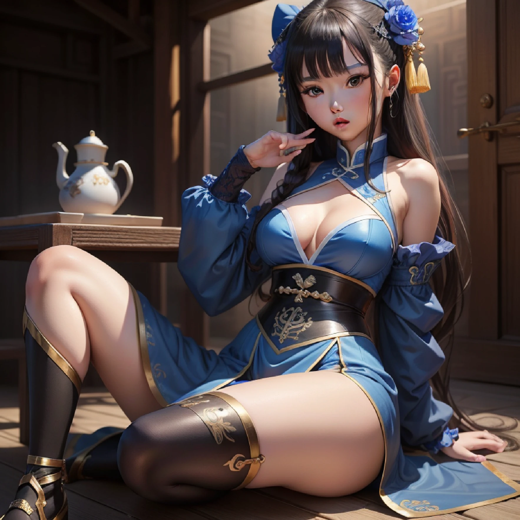 tmasterpiece， New Blue Iron\（1zgame\）， 1girll， 独奏， nedium breasts， martial arts style，chinese_clothes，shift dresses，China-style，oil painted，Sat down，eats