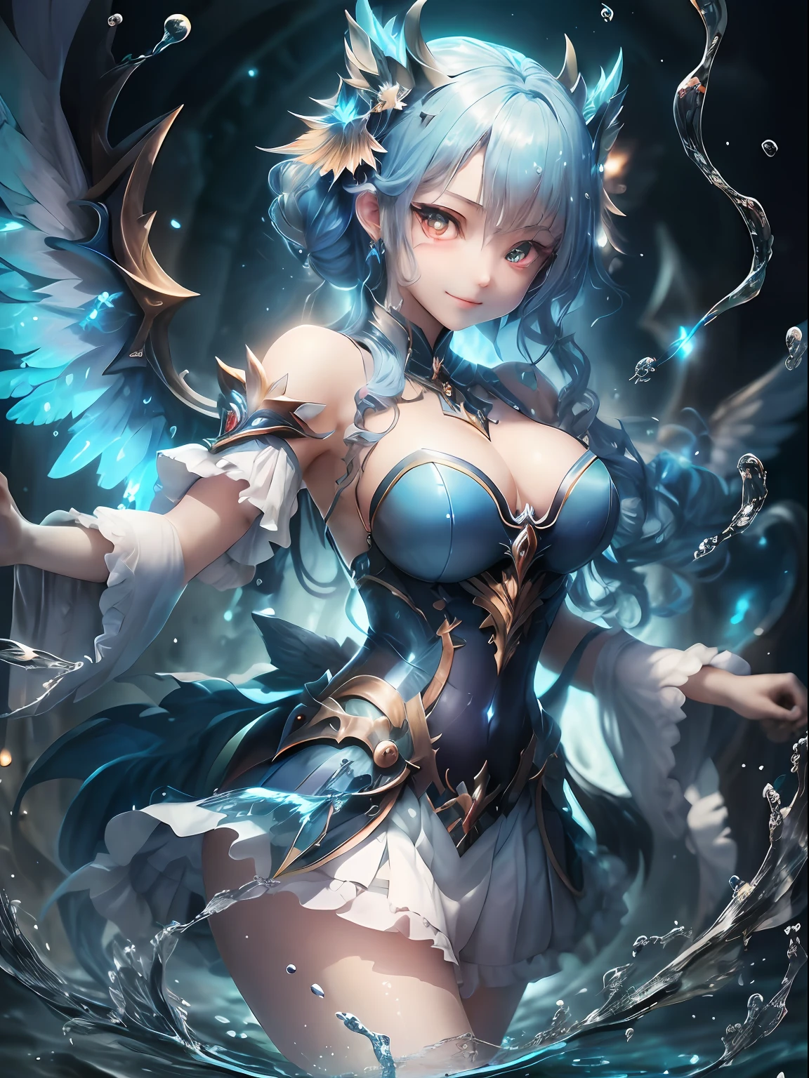 Blue color hair。a miniskirt。耳Nipple Ring。demonic wings。Fallen Angel。Yami Ochi。Evil Sickness。Diabolical。youngest son。Witches。Luminous Eyes。kosmos。huge smile。water element。water magic。Water weapons。Beautiful woman who manipulates water。Free water。Floating water（Award-winning digital works：1.3）（Sketched：1.3）、（Energetic：1.3）、cgsociety、art  stations、（chroma：1.3）、（close portrait：1.3）、（femele：1.4）、（Beautiful fece：1.4）、（carismatic：1.3）、Elaborate Eyes、Studio Lighting、Theme Background。Luminous Eyes。blue hairs。particles floating。Poses in motion。