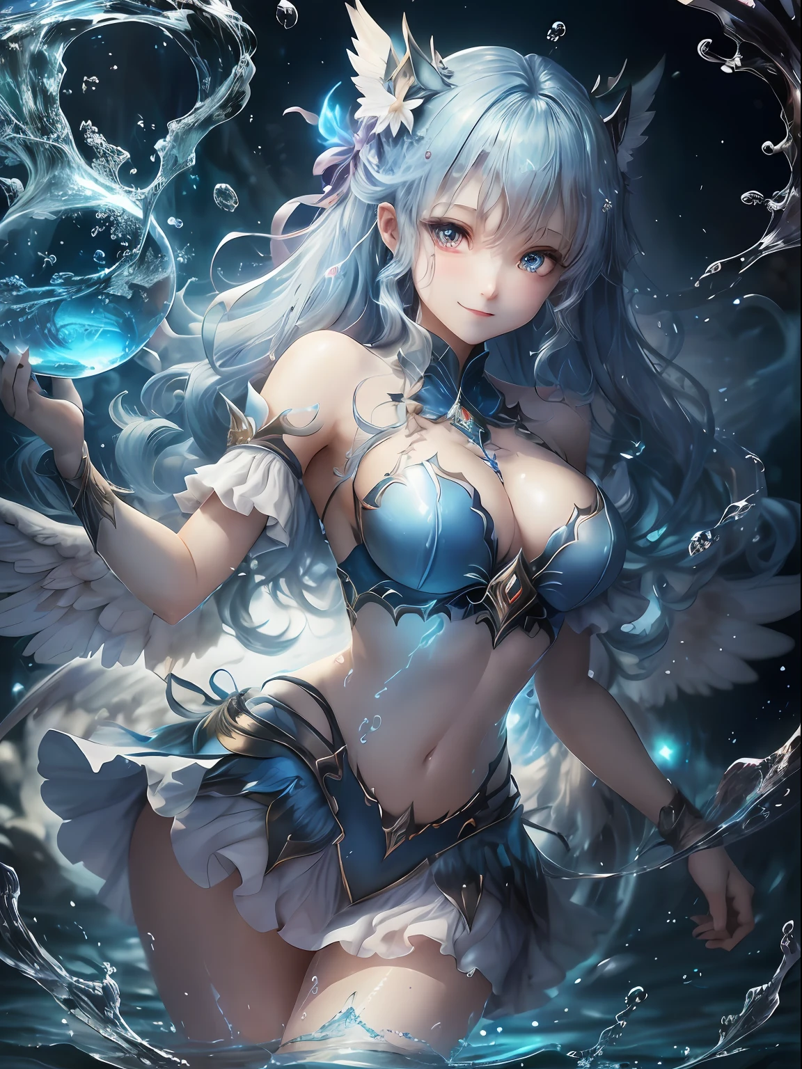 Blue color hair。a miniskirt。耳Nipple Ring。demonic wings。Fallen Angel。Yami Ochi。Evil Sickness。Diabolical。youngest son。Witches。Luminous Eyes。kosmos。huge smile。water element。water magic。Water weapons。Beautiful woman who manipulates water。Free water。Floating water(Award-winning digital works:1.3)(Sketched:1.3)、(Energetic:1.3)、cgsociety、art stations、(chroma:1.3)、(close portrait:1.3)、(femele:1.4)、(Beautiful fece:1.4)、(carismatic:1.3)、Elaborate Eyes、Studio Lighting、Theme Background。Luminous Eyes。blue hairs。particles floating。Poses in motion。