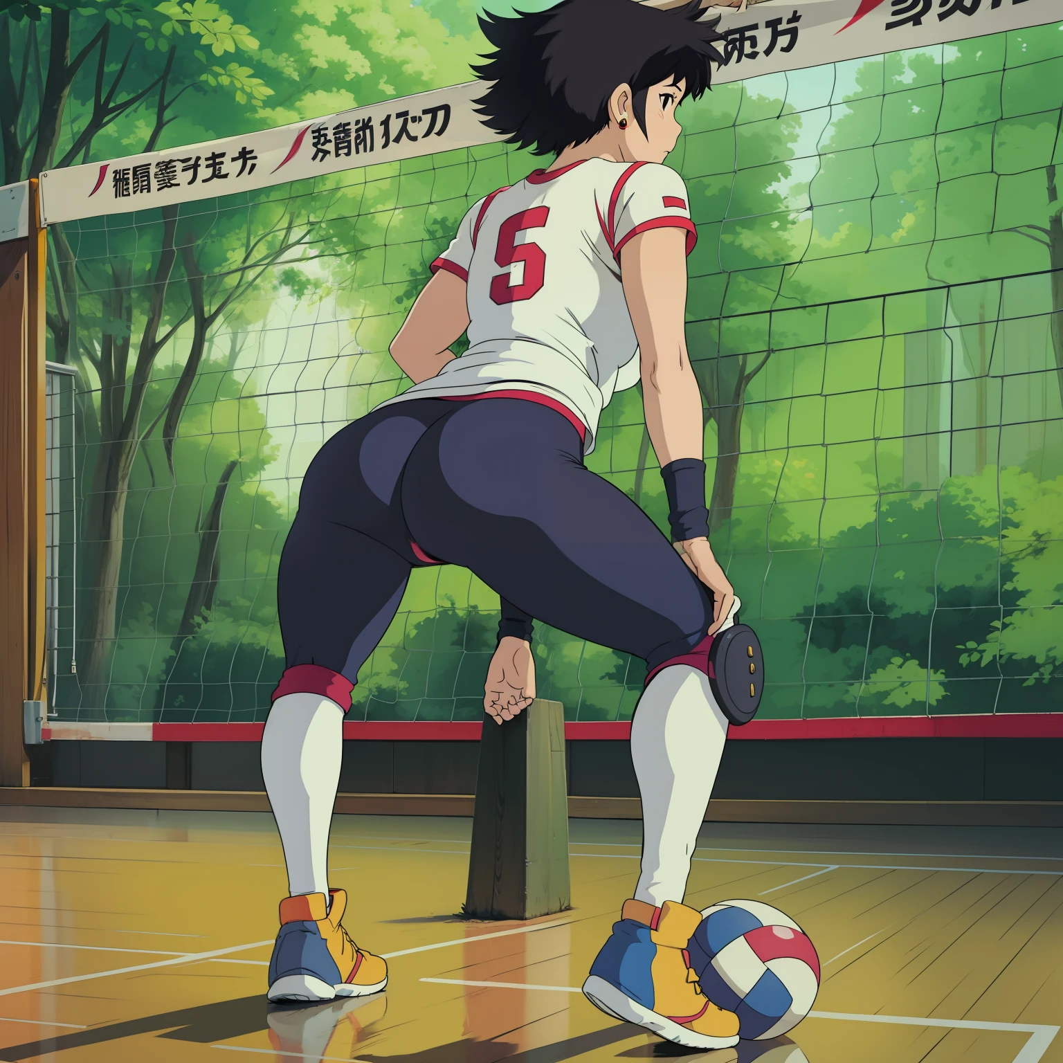 Japanese, Girl, Volleyball player, Black hair, medium hair, Messy hair, Earrings, necklace, Tight shirt, tight biker short leggings, knee pads, socks, shoes, behind of view, Tomboy, Breasts, firm ass, standing