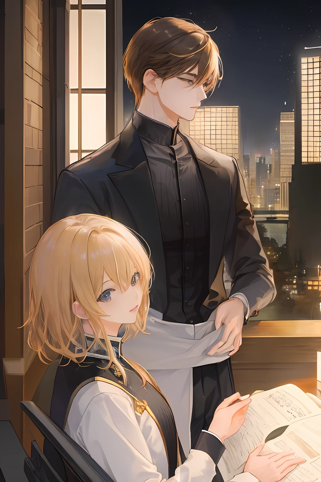 2male、​masterpiece、top-quality、超A high resolution、evening、A city scape、depth of fields、Two men、short black messy hair、a blond、校服、knights