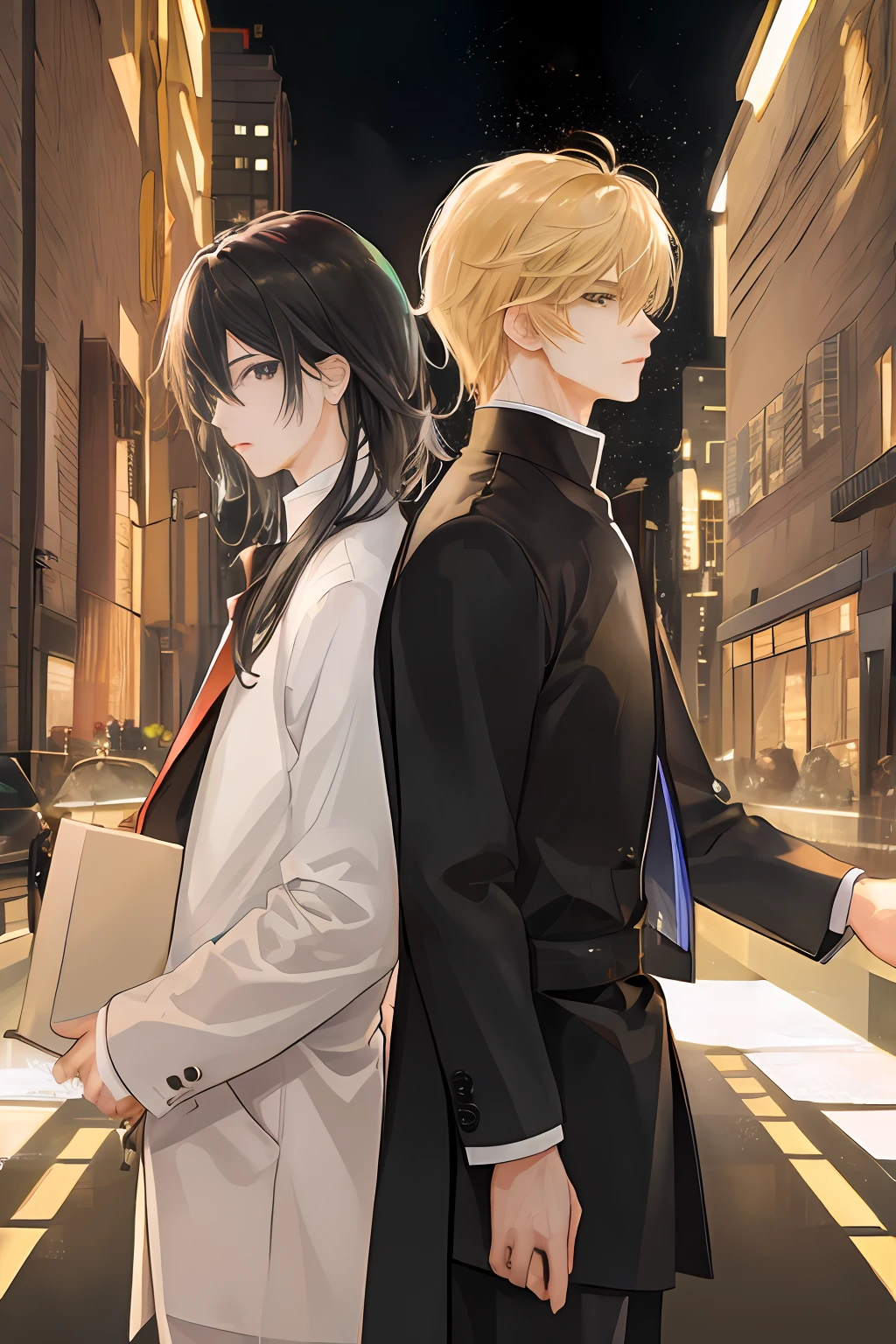 2male、masterpiece、top-quality、超A high resolution、evening、A city scape、depth of fields、Two men、short black messy hair、a blond、校服、knights