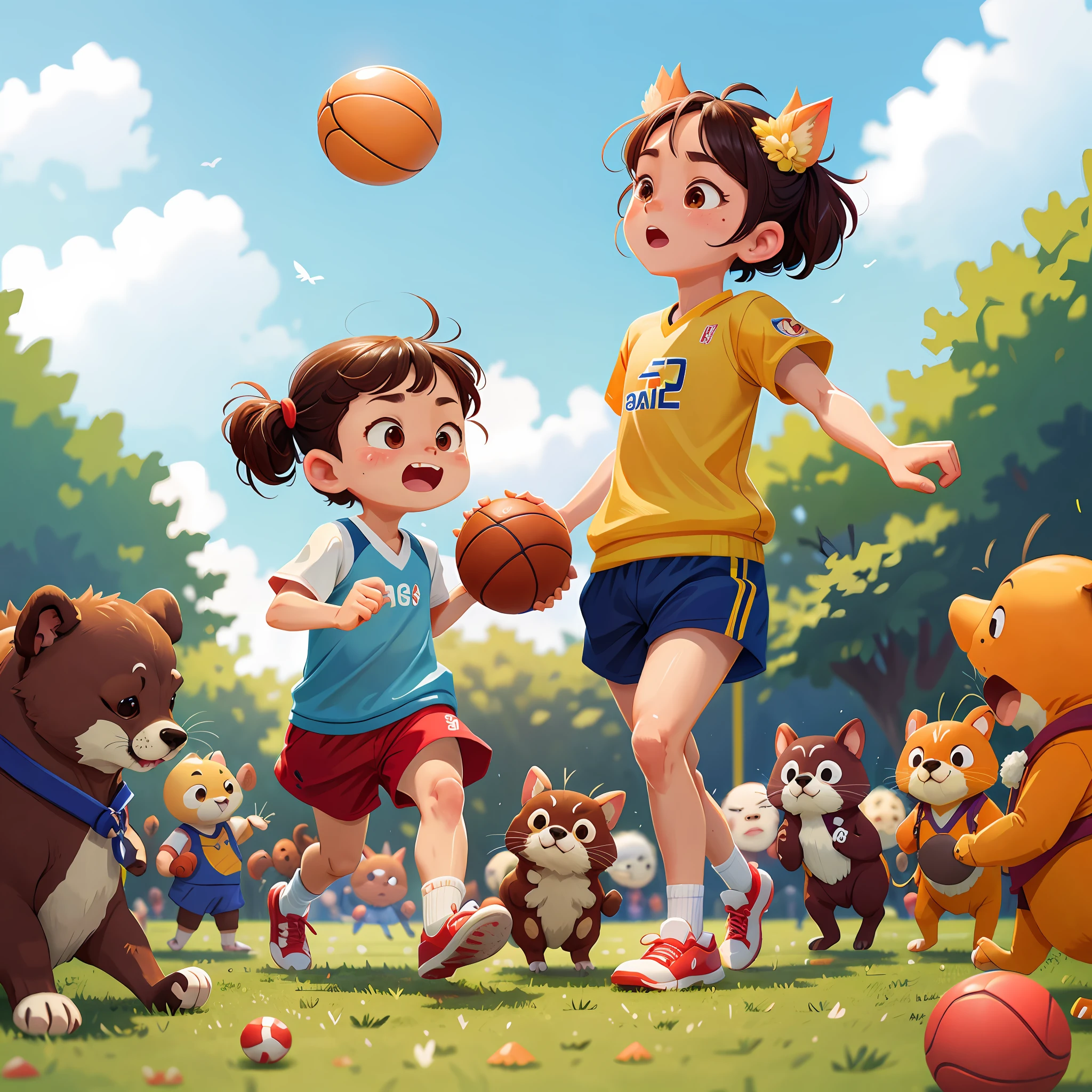 All kinds of small animals run，Cheer each other on the sports field，There is football、A masterpiece of badminton and basketball，ultra-detailliert，Epic composition，Clear facial features，high-quality photo，HighestQuali，4K。