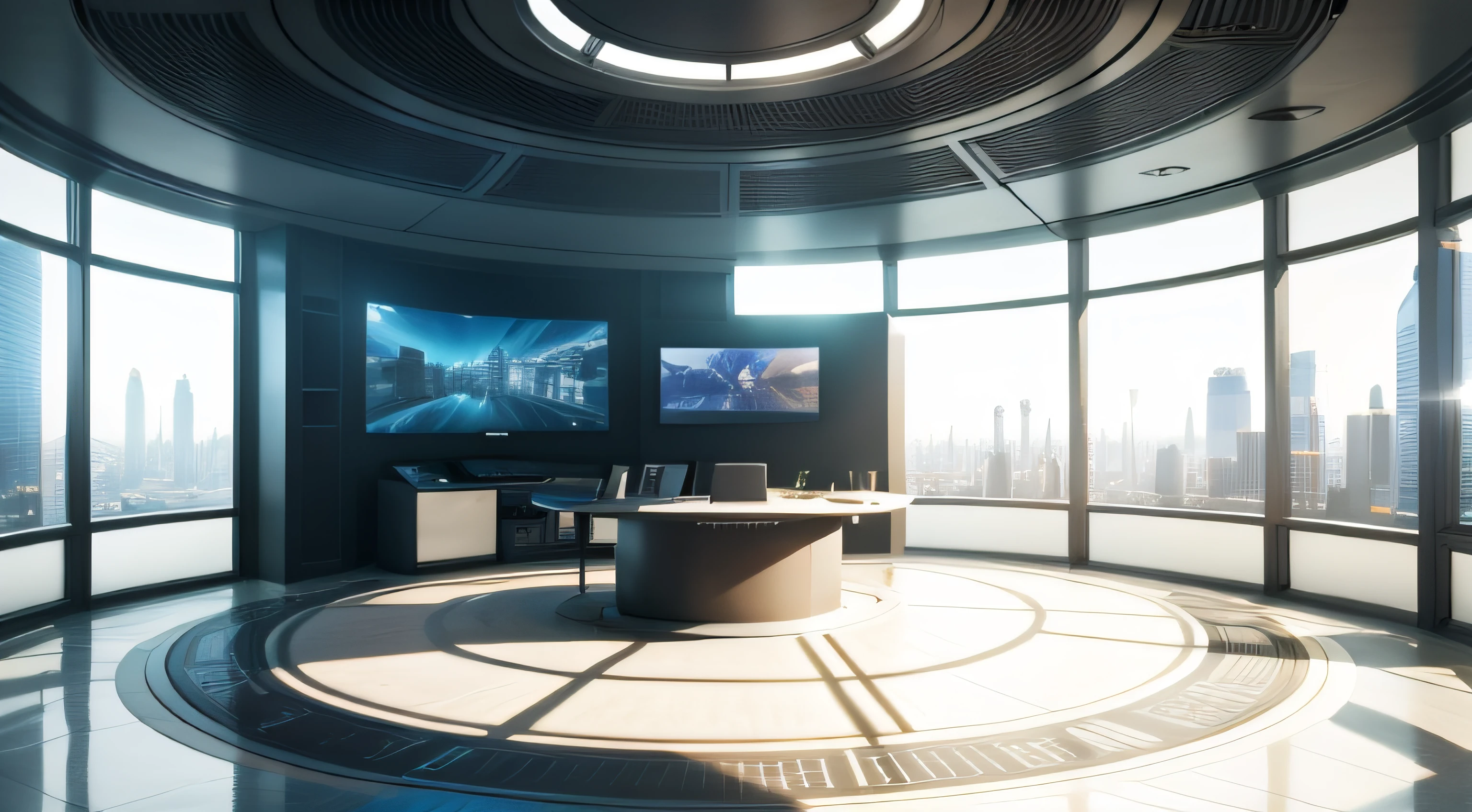 futuristic journalistic studio with a large glass pedestal in the center, with sunlight at the morning, of the image that hides the waist down part of the presented modern 8k best quality realistic masterpiece