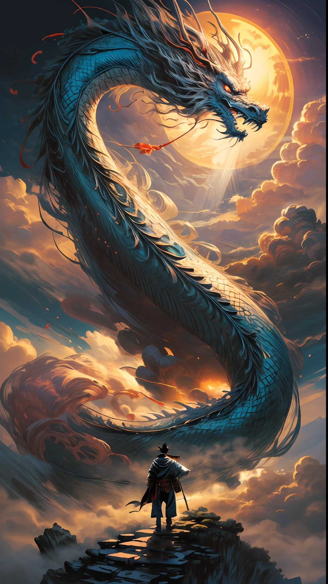 (foto RAW, melhor qualidade), (realista, foto-realista: 1.3), extremamente delicado e belo, Awesome, finamente detalhe, obra-prima, ultra-detalhado, highres, (best illustration), (melhor sombra), intrincado, A Chinese monk stands atop a mountain peak shrouded in mist, longos cabelos negros, (usando longas vestes brancas), com detalhes azuis e vermelhas, his right hand raised diagonally, empunhando uma espada longa, from the back, in front of a gigantic dark blue Chinese dragon, (loong: 1.4), nuvens, tempestade, montanhas, sun sunset, foco nítido, Volumetric mist, 8k UHD, DSLR, alta qualidade, (grain of film: 1.4), Fujifilm XT3,