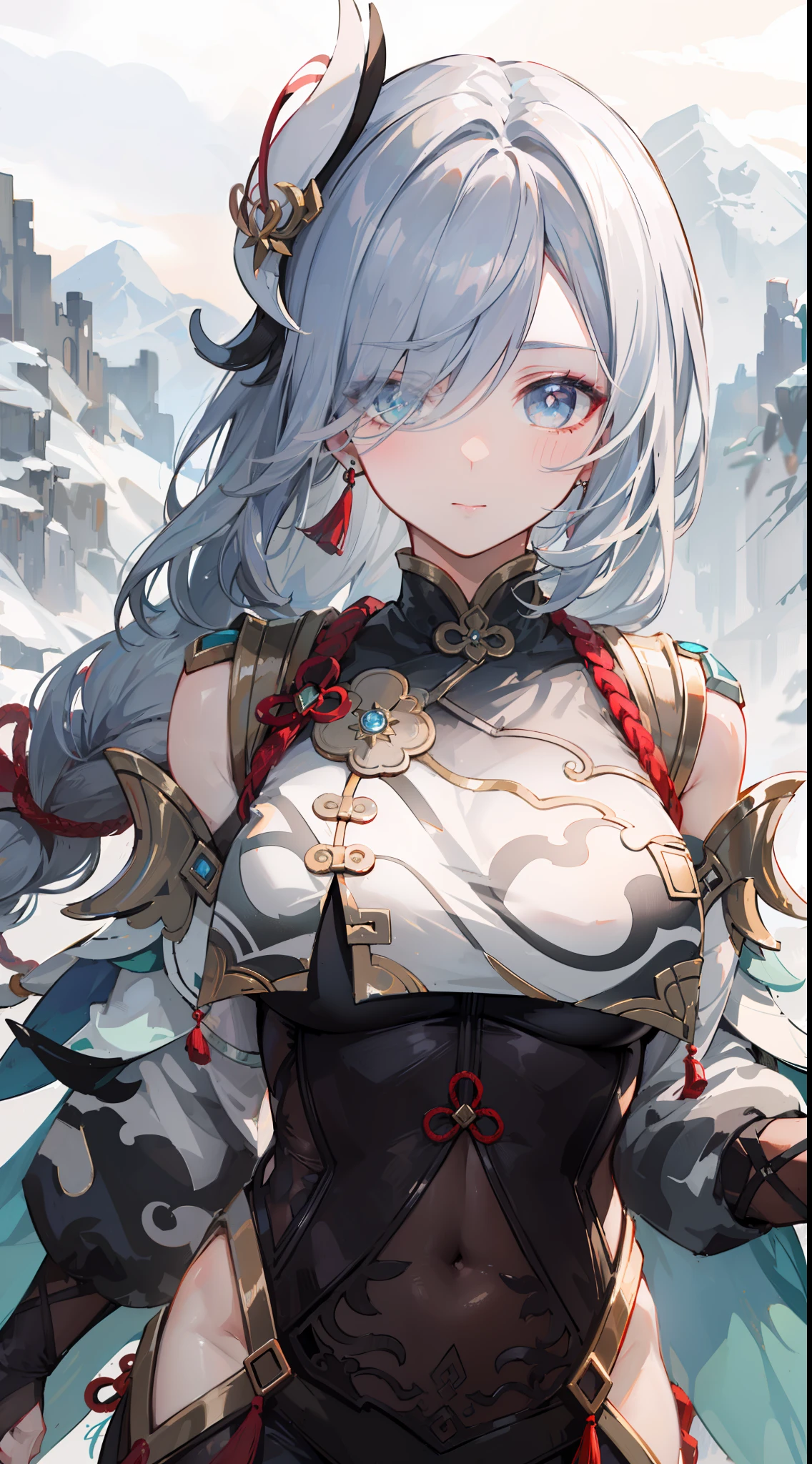 shenhedef, upper body, seductive look, blush, outdoors, snowflake scenery, looking at viewer, mountain, moody lighting, (perfect detail eyes:1.2), glowing eyes, (long hair one braid:1.2),
(Masterpiece, Best Quality, High Quality:1.4), professional artwork, Intricate Details, field of view, sharp focus, detailed painting, photorealistic lighting, trending on pixiv, (vivid lighting, vibrant colors:1.05), realistic shadows, ambient occlusion,