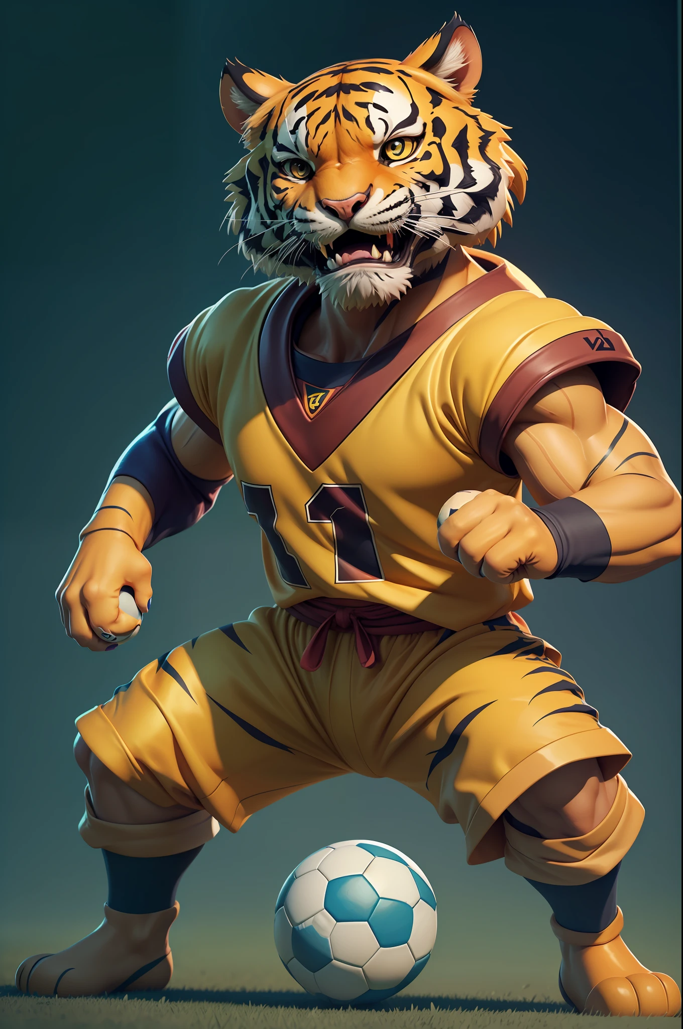 1 cute tiger playing football,Figures,Digital painting,3D character design by Mark Clairen and Pixar and Hayao Miyazaki and Akira Toriyama,The illustration is a high-definition illustration in 4K resolution,With very detailed facial features and cartoon-style visuals,