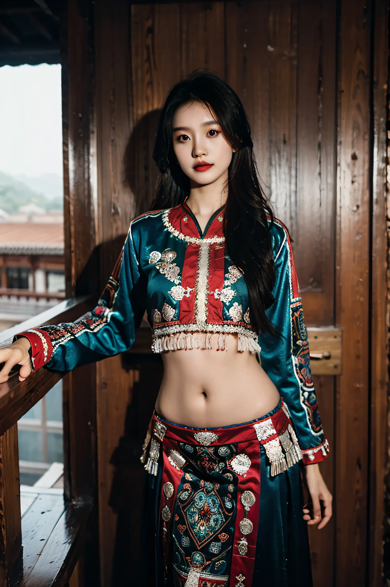 Hyperrealistic,)4K,35mm,hyper-high detail, Professional lighting, Best quality, 超高分辨率, Visually stunning, (1girll:1.1), (Hmong clothing ),realskin,(Perfect body 1.3)Ultra-delicate face,Open navel