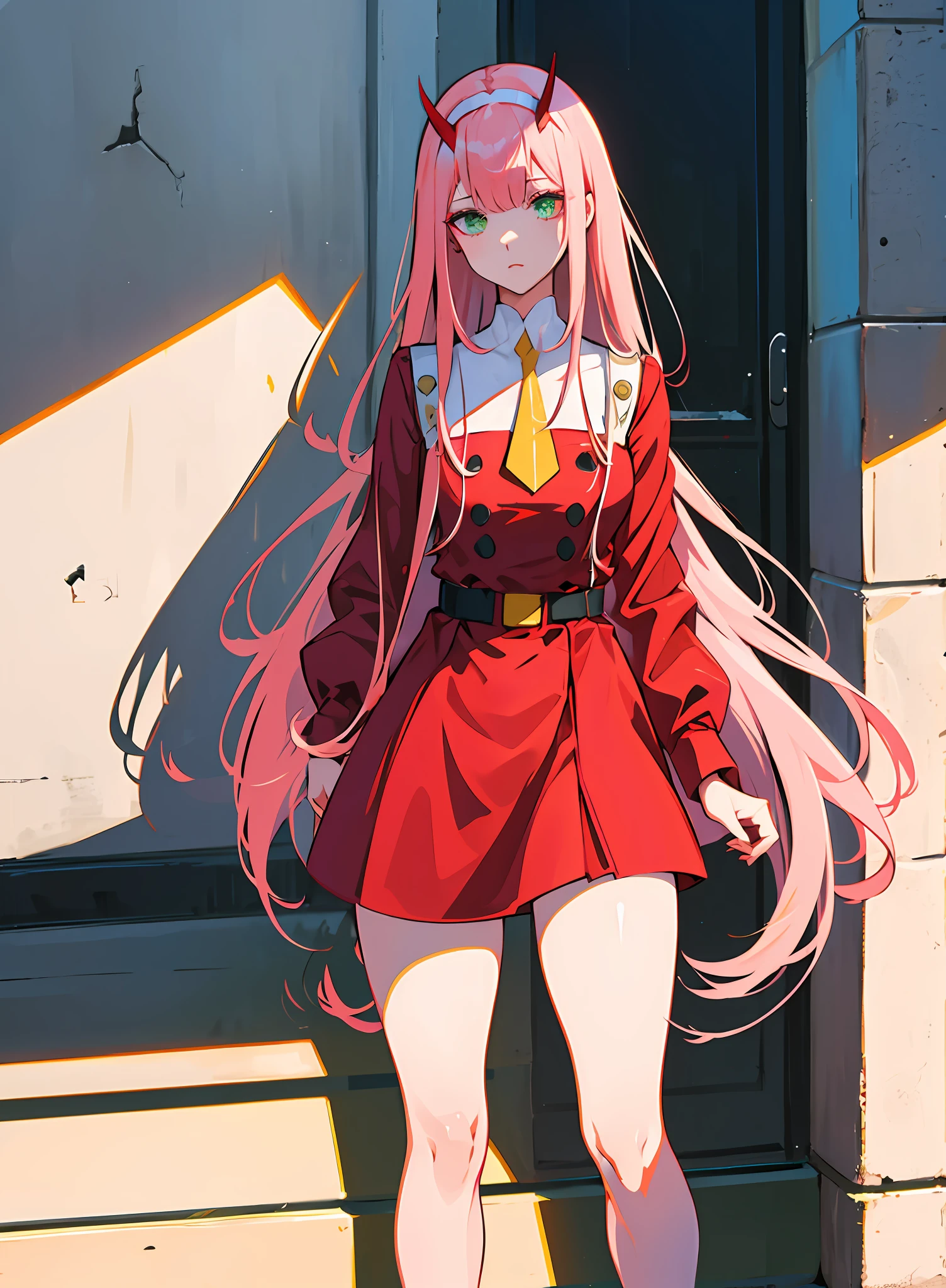 zero two \(darling in franxx\), darling in franxx, 1girl, bangs, bite, shadow, long hair, small breasts, large thighs, makeup, red dress with details, yellow tie, belt, Pantyhose, green eyes, pair of small red horns, pink hair, red eyeshadow, tight skin, solo