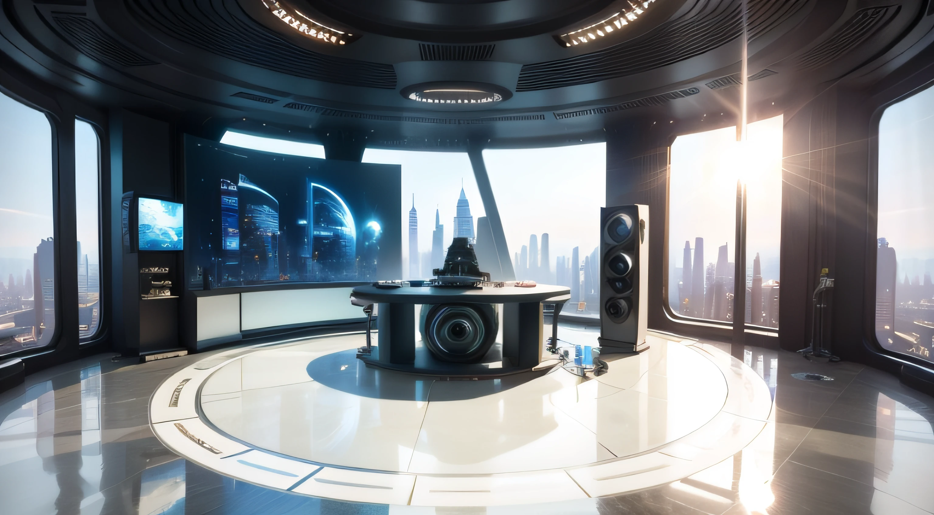 futuristic journalistic studio with a large glass podium in the center, with sunlight at the morning, of the image that hides the waist down part of the presented modern 8k best quality realistic masterpiece