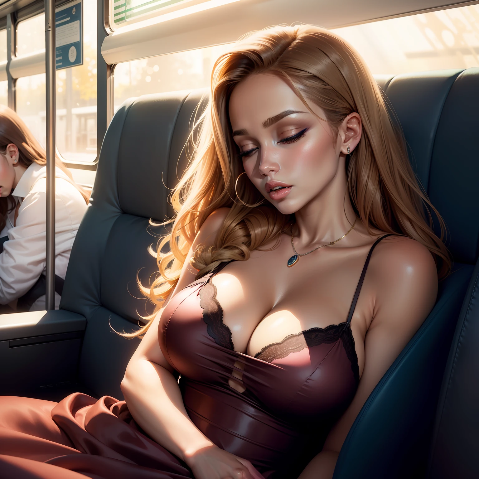 1 Beautiful woman, similar to Jennifer Lopez, big eyelashes, glossy and full lips, drooling, sleeping with her mouth open, snoring, sleeping lying on the bus, head resting on the seat, dressed in a sexy dress, outlined eyes.