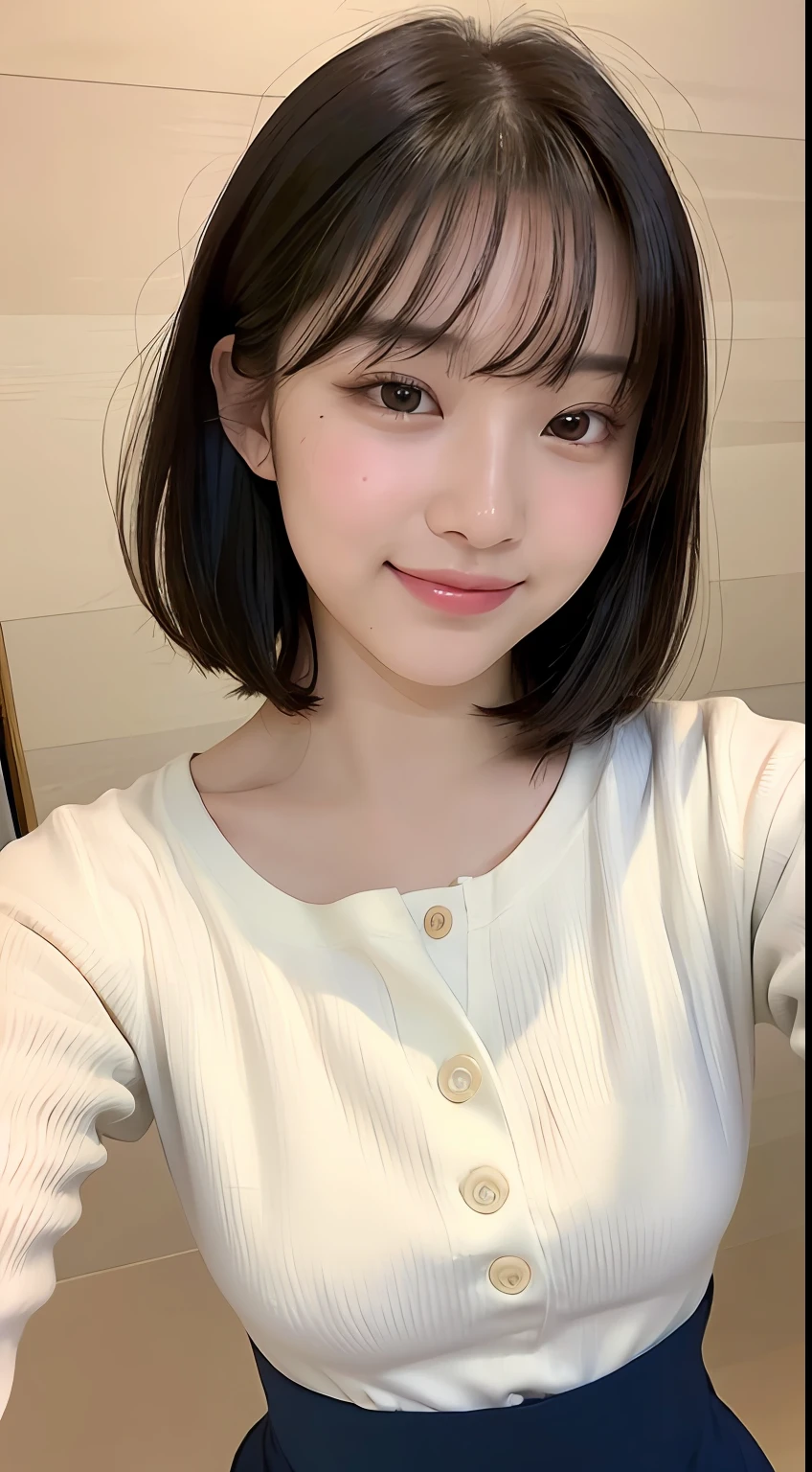 (8k、RAW Photography、top-quality、masuter piece:1.2)、ultra-detailliert、ultra res、(realisitic、rialistic photo:1.37)、portlate、high-definition RAW color photography、Professional Photography、highly detailed and beautiful、ighly detailed、8K wallpapers、amazing detailed、huge filesize、Official Art、Highly detailed CG Unity 8k wallpapers、highly detailed beautiful girl、extra detailed face、extremely detailed eye、highlydetailed skin、extremely detailed fingers、highly detailed nose、very detailed detailed mouth、Perfect Anatomy、highly detailed back ground、Highly detailed clothing、女の子 1 人、(18:1.2)、Teen、Cute little girl s、famous Japan idol、cute little、Realistic body、小柄、de pele branca、glistning skin、Slim body、handsome body、Short constricted curly hair、(Blunt bangs:1.2)、a smile、kawaii、zora々Right、kawaii faces、lifelike face、Delicat eyes、Sauce order、White T-shirt、skirt by the、耳Nipple Ring、Looking at the camera、cowboy  shot、front facing、Standing、Contrapo, high street, public, 动态照明,Milk tea beige、beige、short-hair、shorth hair、bob