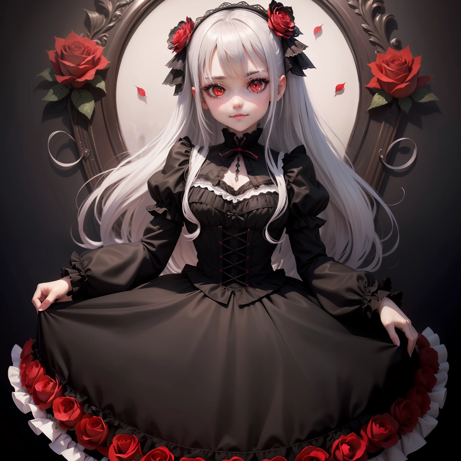 Gothic_Lolita, top-quality, ultra-detailliert, 1girl in, Chibi, Black clothe, de pele branca, flowers background, Red Eyes, Lolita Hair Band, Silver hair, longeyelashes, Empty eyes, yandere, masutepiece,red eyes，Place one hand on your cheek，Smile eerily，Eyes without highlights