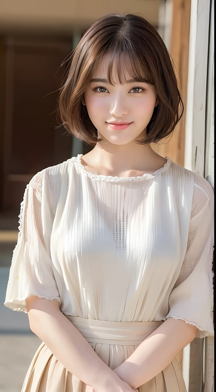 (8k、RAW Photography、top-quality、masuter piece:1.2)、ultra-detailliert、ultra res、(realisitic、rialistic photo:1.37)、portlate、high-definition RAW color photography、Professional Photography、highly detailed and beautiful、ighly detailed、8K wallpapers、amazing detailed、huge filesize、Official Art、Highly detailed CG Unity 8k wallpapers、highly detailed beautiful girl、extra detailed face、extremely detailed eye、highlydetailed skin、extremely detailed fingers、highly detailed nose、very detailed detailed mouth、Perfect Anatomy、highly detailed back ground、Highly detailed clothing、女の子 1 人、(18:1.2)、、Cutel s、famous Japan idol、cute little、Realistic body、小柄、de pele branca、glistning skin、Slim body、handsome body、Short constricted curly hair、(Blunt bangs:1.2)、a smile、kawaii、zora々Right、kawaii faces、lifelike face、Delicat eyes、Sauce order、White T-shirt、skirt by the、耳Nipple Ring、Looking at the camera、cowboy shot、front facing、Standing、Contrapo, high street, public, 动态照明,Milk tea beige、beige、short-hair、shorth hair、bob