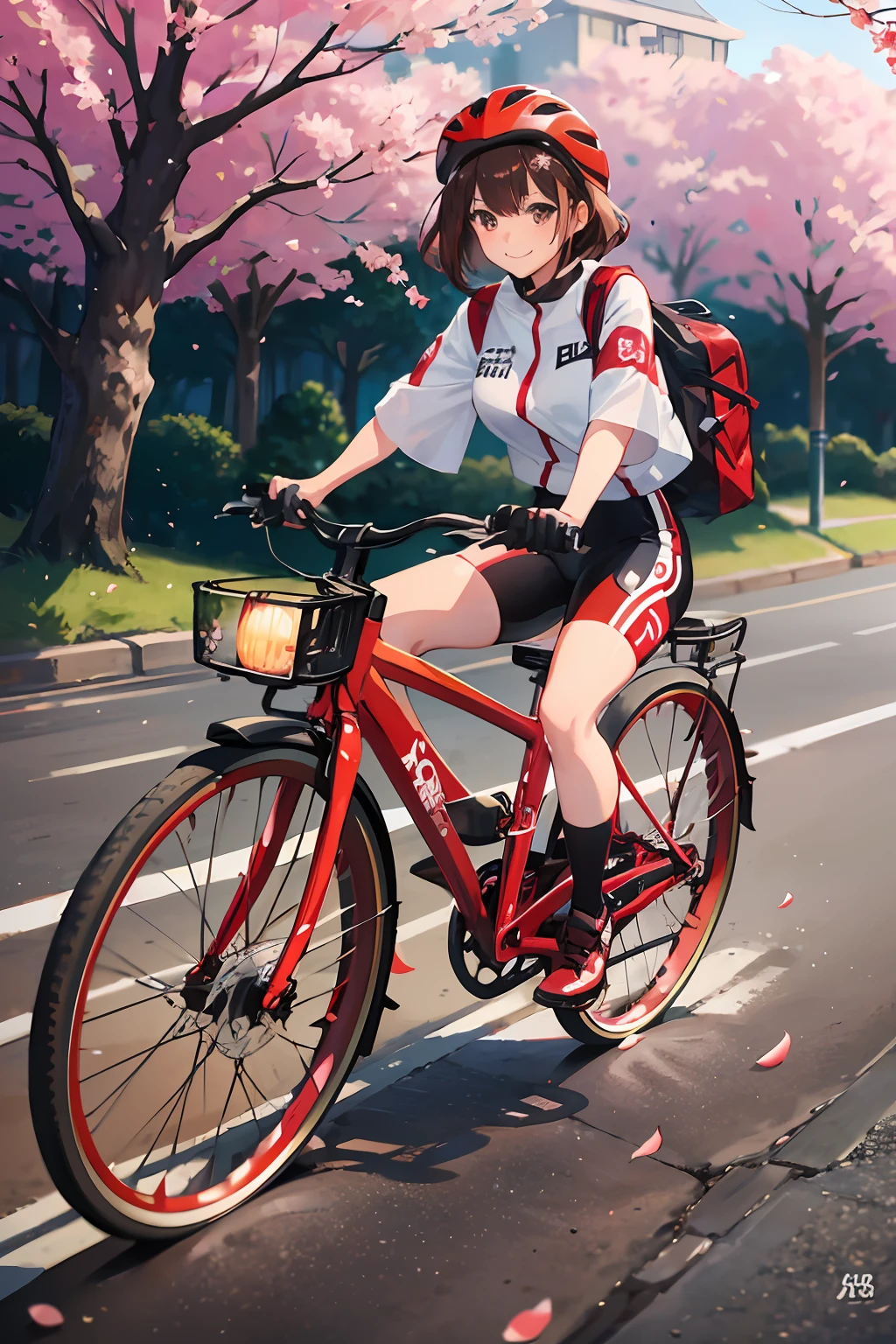 Ride a red bike down the hill,japanese animation,Cinematic,Sunlight,elegant girl ,Cheerful smile,(Black White Red Tight Bicycle Jersey,)Wearing a black-white-red bicycle helmet,big brest,( shiny short reddish-brown hair,)Cherry blossom with falling petals,Detailed hairstyles,Insanely detailed