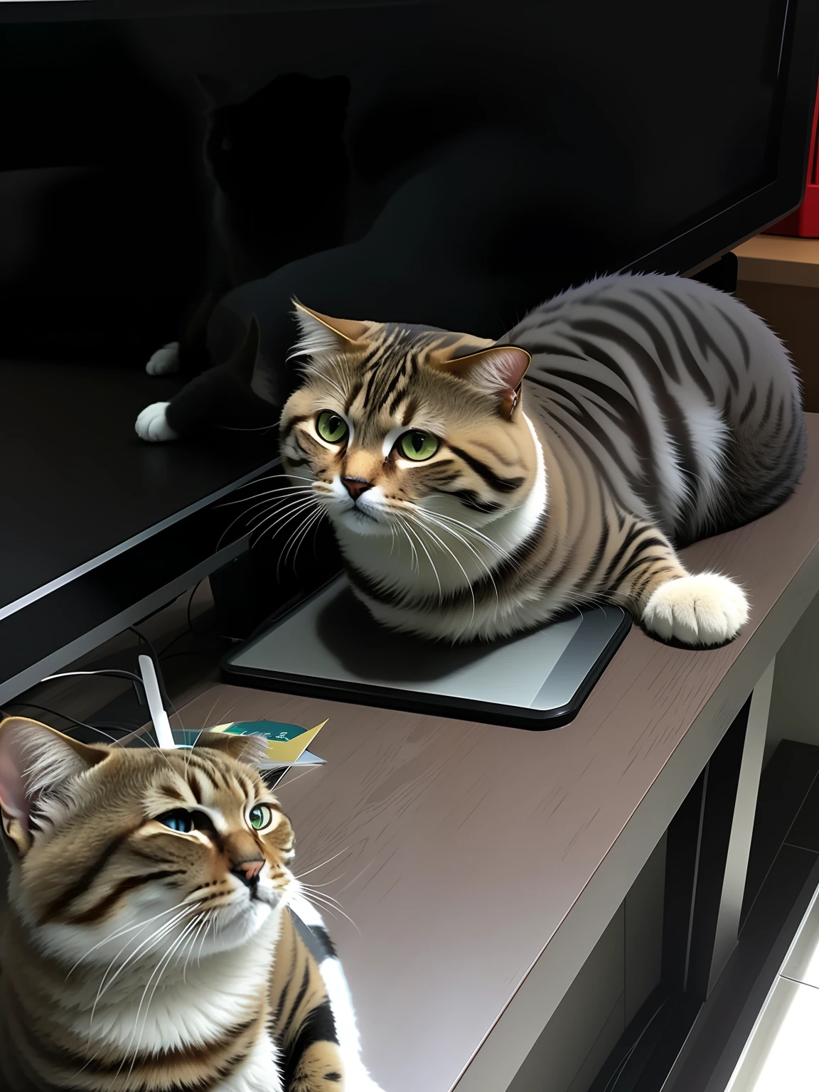 There were two cats on the table, it is visibly angry at the tv, angry at mirror, sad cat, fat cat on desk, cat on the table in front of her, angry cat, cat on the table, taken with a Sony A7R camera, she is looking at us, taken with sony alpha 9, scottish fold, Shinkai Makoto style, 2d comic book style, Big-headed cats, Manchken cat