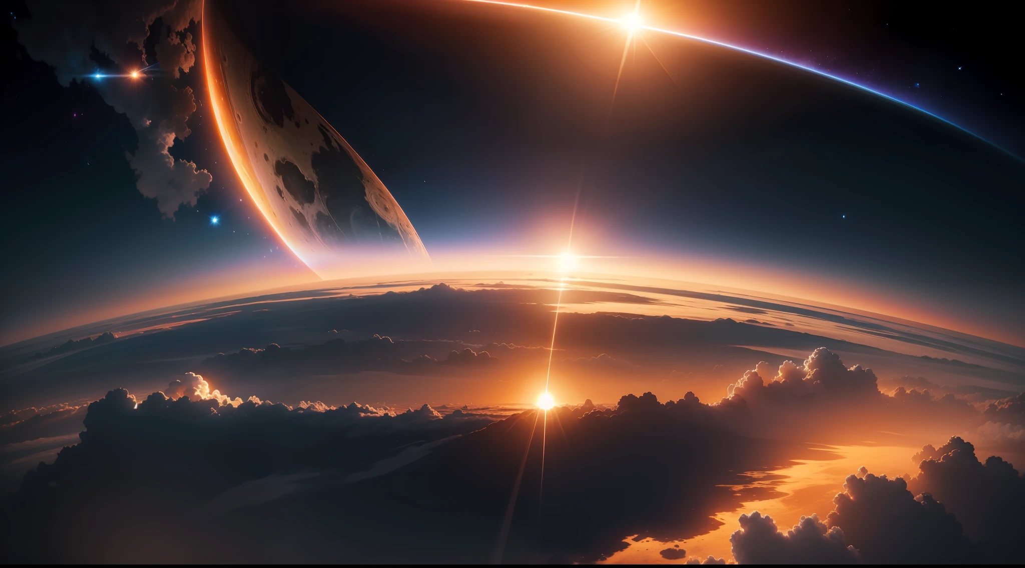 The sun emerges from the Earth's shadow in outer space、Dawn、Fantastic and、Ethereal、Fantastic、Ethereal、Photorealism Based Details Widget 1.3, Ultra-detailed depiction、Cinematic shots with HDR effect、Vignette and center screen、Generate in automatic mode