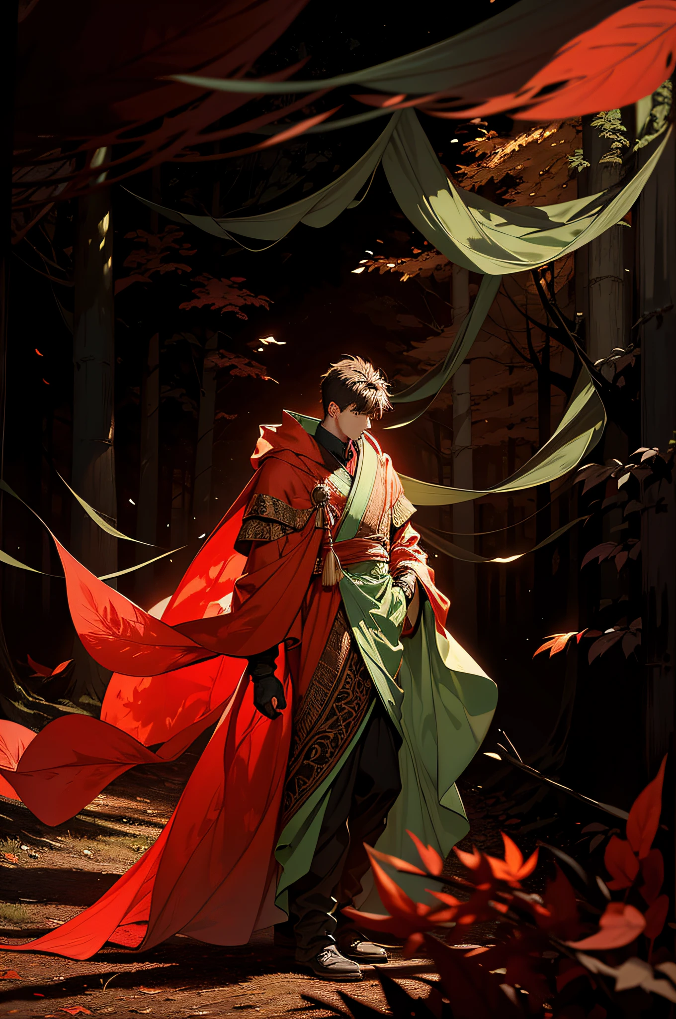A young man stands in a dark forest, It is surrounded by tall trees and autumn leaves. The man's face was obscured by a blur, As if to protect their identity. He wore colorful robes,Brunette reaches the shoulders. The forest is dimly lit, Create a contrast between red and black. The image evokes a sense of mystery and danger.