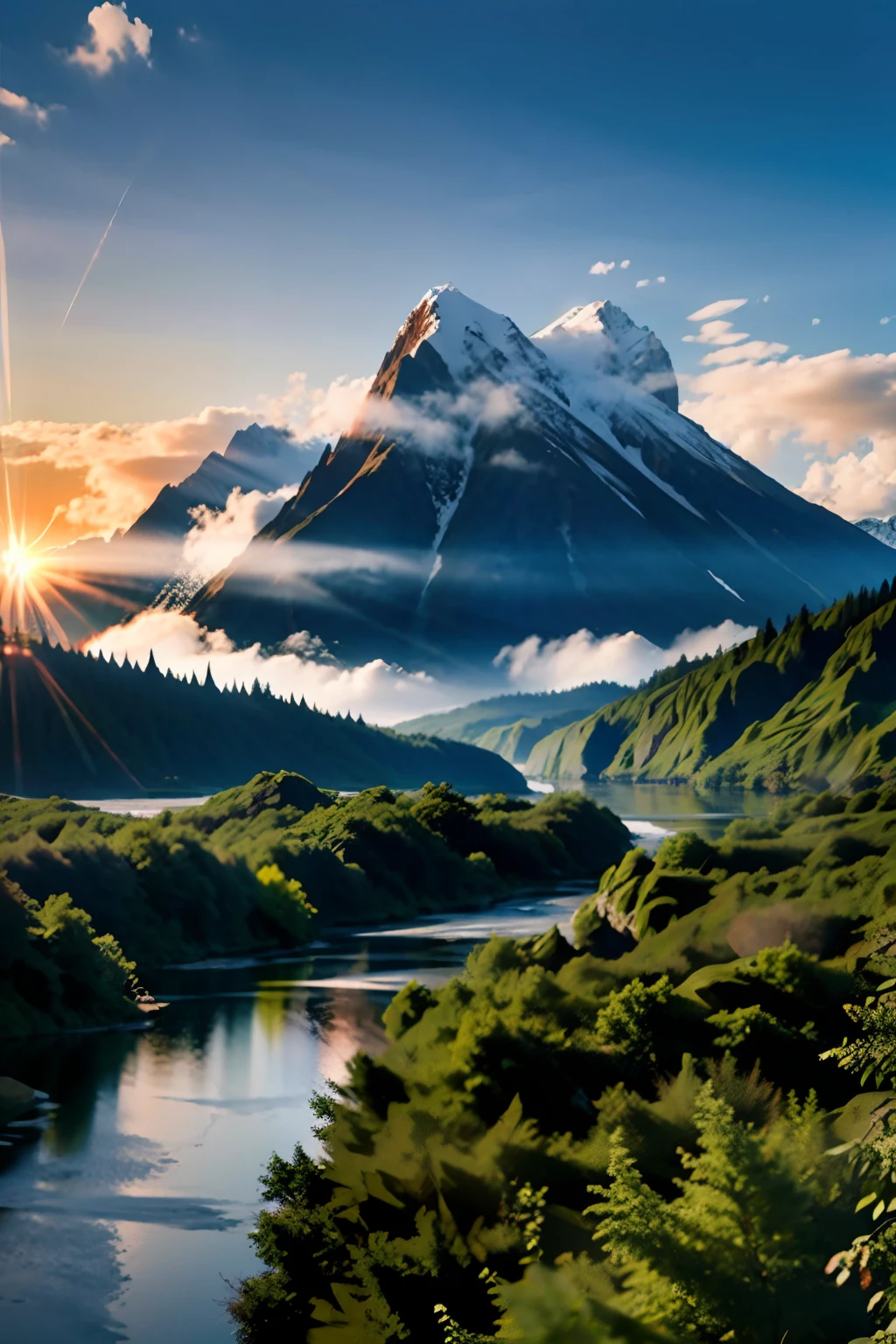 The rivers between the mountains and forests flow gently, and the detailed background rendering of the scenery is a masterpiece. Under the extreme picture quality, the sun gathers into a large aperture during the day, and the clouds are leisurely, looking up at the sky.