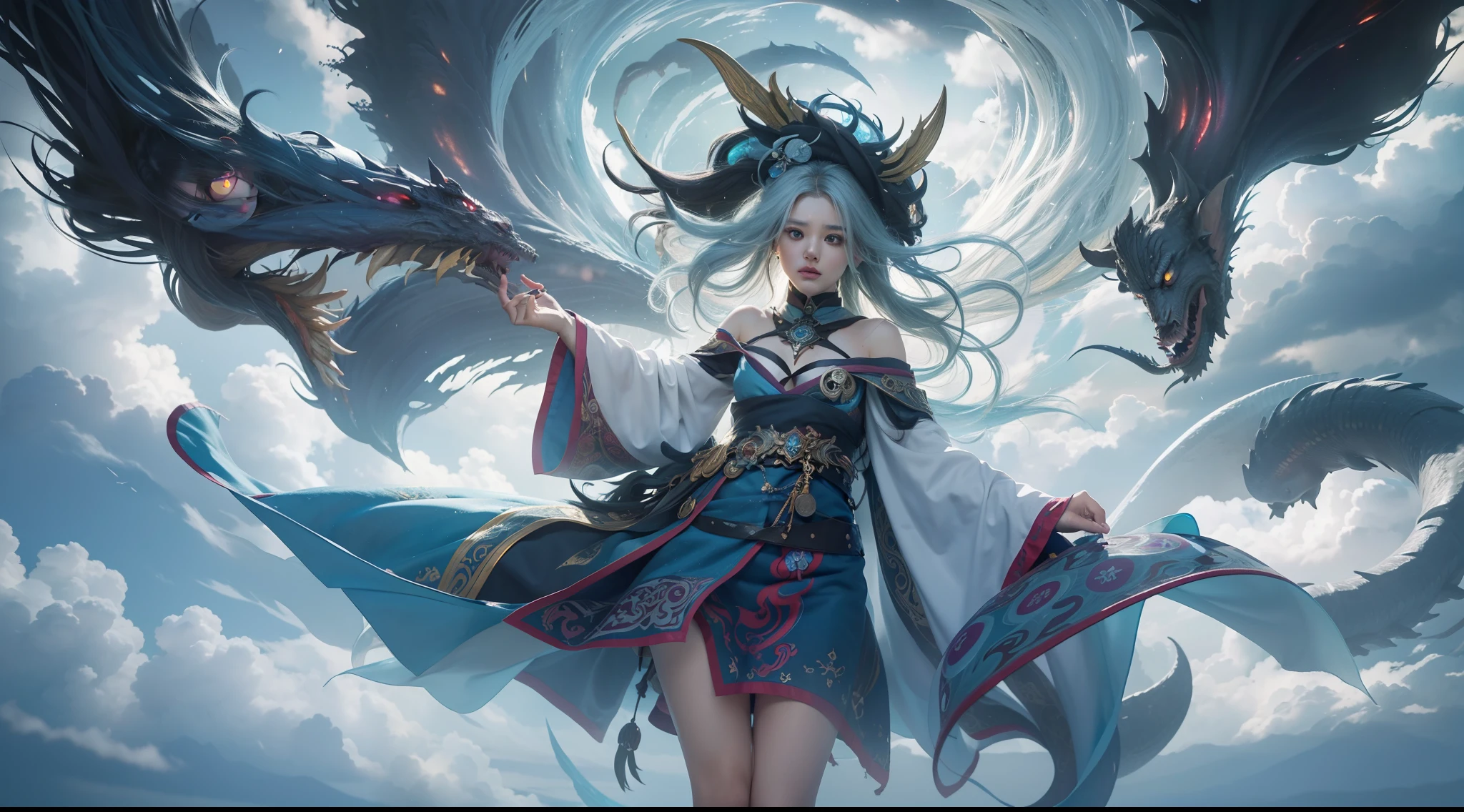 on clouds,Night, Dark, (Fantasy),infinite,deep blue sky,The abyss of knowledge,Cowledge,((masutepiece)), (((Best Quality))),((Beautiful fine eyes)),(Eye lashes)、Realistic clouds、Very beautiful face、The ultra -The high-definition、Beautiful girl flying in the sky with giant white dragon、(女の子1人)、Black hair、The long-haired、abyss eyes、glowy skin、oils、small tits、Perfect human body structure、Wizard robes、tattered cloth、Realistic coat、Teenchi、Super delicate CG Unity 32k wallpaper、photoRealstic、masterpiece, ((ultra-detailliert)), ((illustratio)),colourfull,wall-paper,The energy,Unknown terror,Incomprehensible,Around the magic,Magical surroundings,magic wands,Boken,Flying pages,Know everything,Predict the future、Get to know the past、Infinite wisdom、blue flames、Warlock、magic circles、Pentagram、Spells、mantra、Singing magic