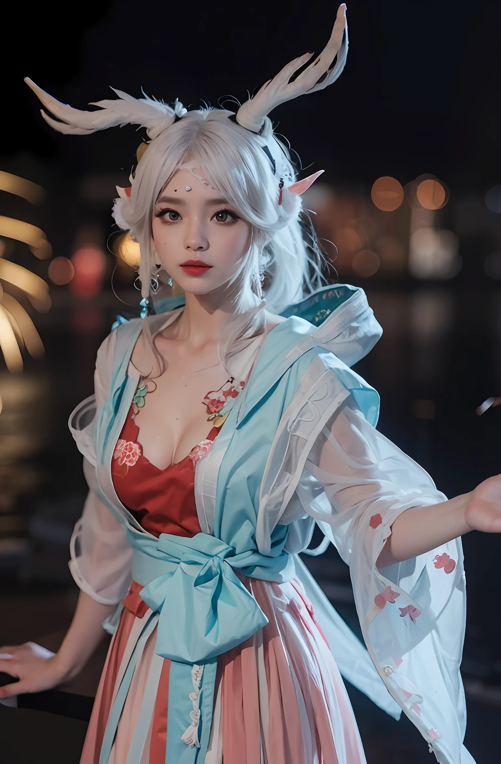 Clothes with a low neckline,exposing her chest