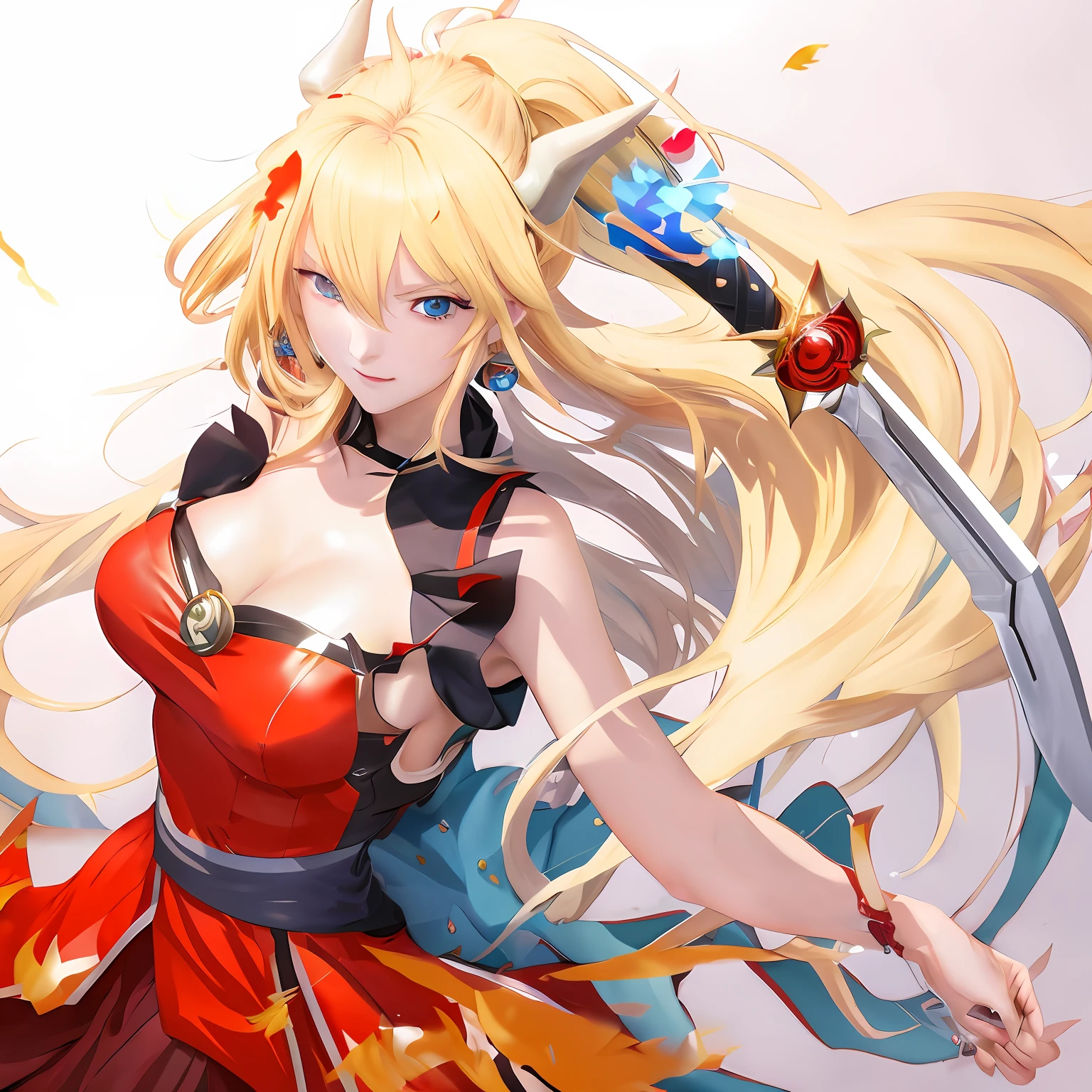 Anime - style image of a woman in a red dress with a sword, anime goddess, cushart krenz key art feminine, Ayaka Genshin Impact, blonde anime girl with long hair, Detailed key anime art, Onmyoji, portrait onmyoji, ayaka game genshin impact, guilty gear strive splash art, Anime Art, azur lane style